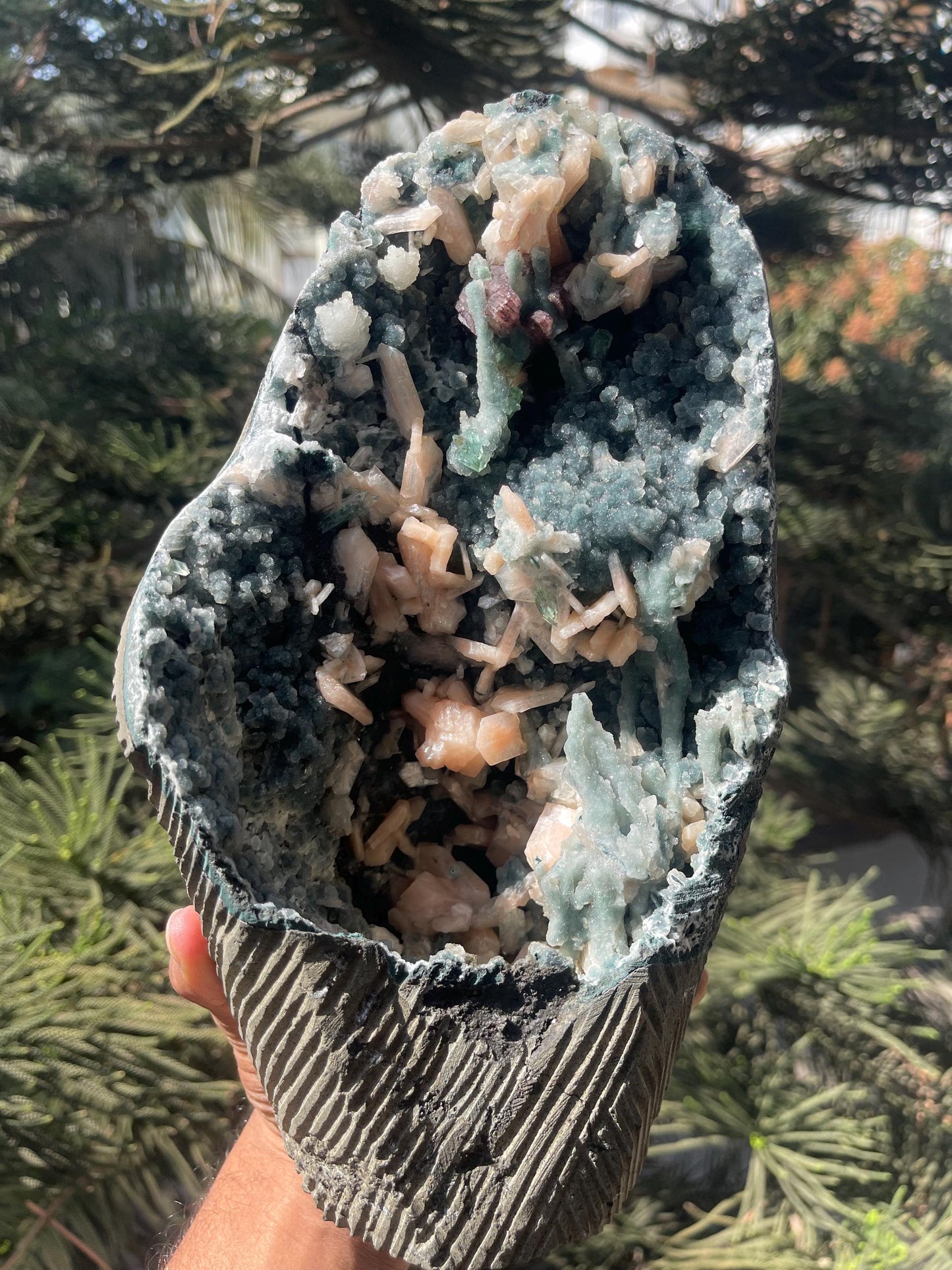 Heulandite, Stilbite & Green Apophyllite on Black Coral Geode