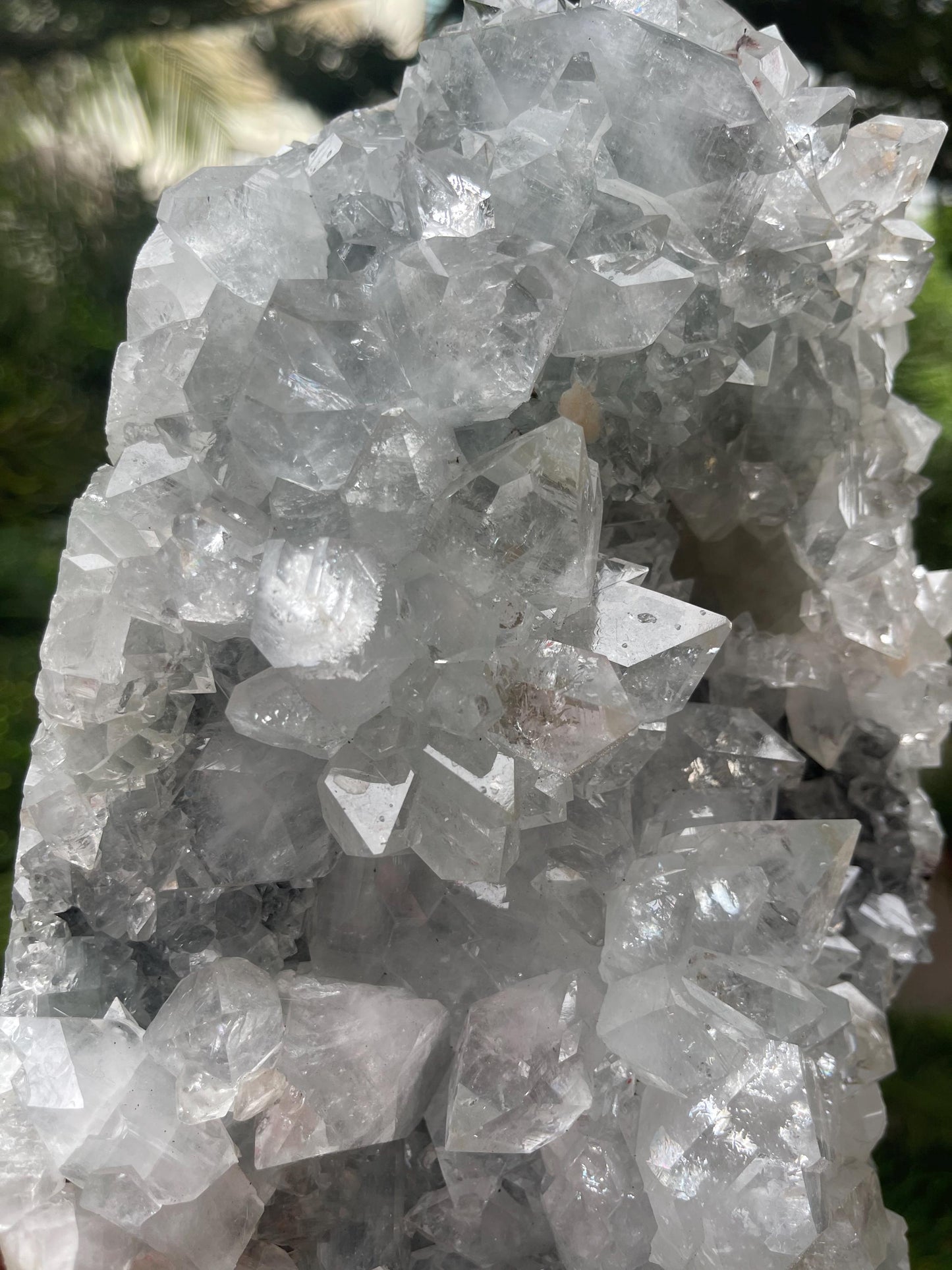 Glossy apophyllite crystal with stilbite on blue chalcedony matrix standing piece