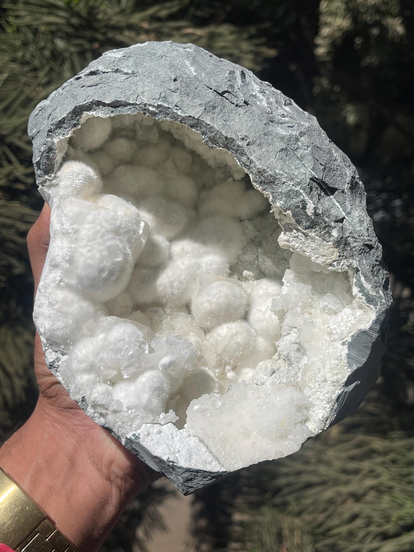 okenite big puffs balls on apophyllite inside geode