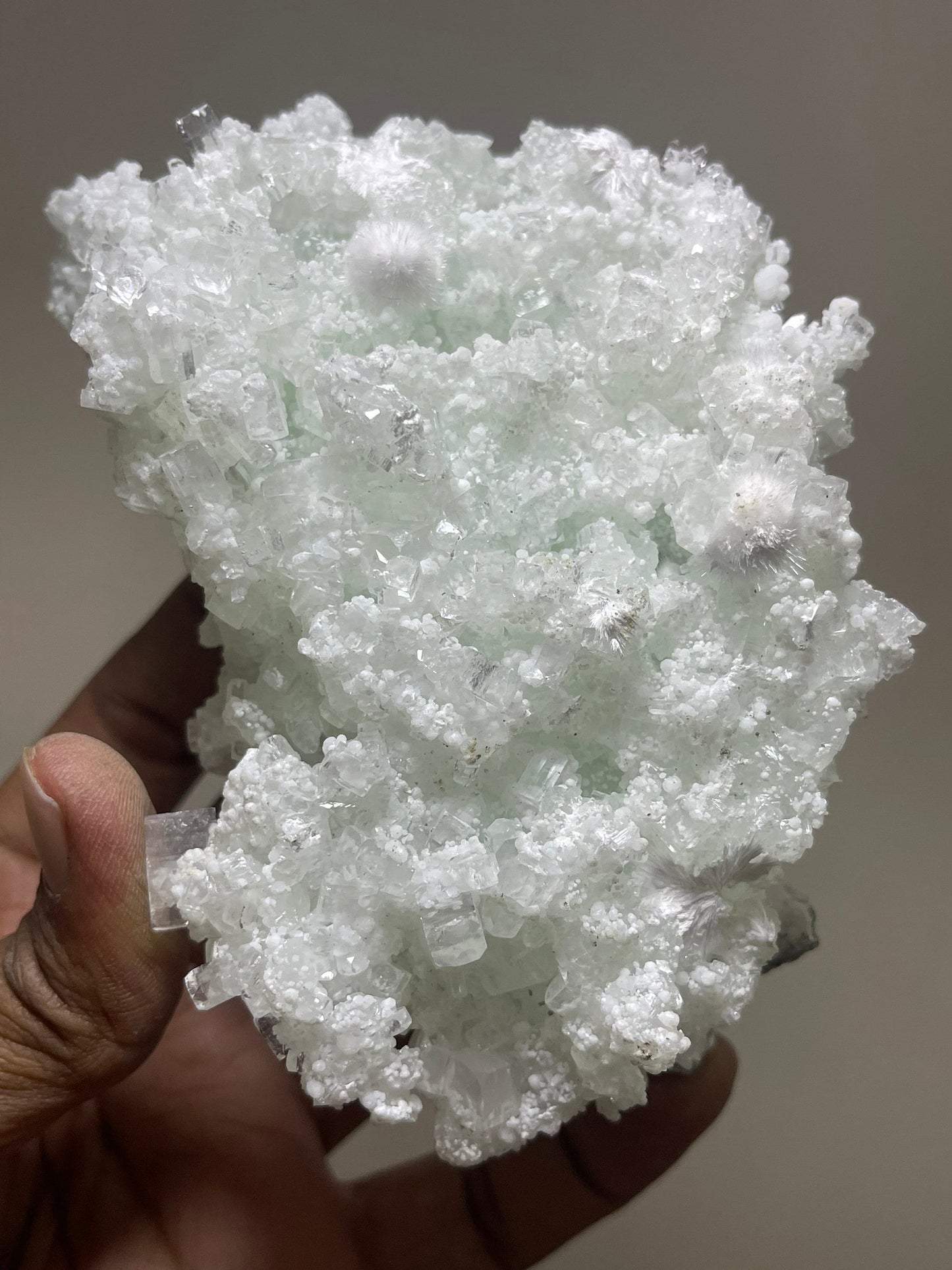 Okenite ball on green prehnite with apophyllite