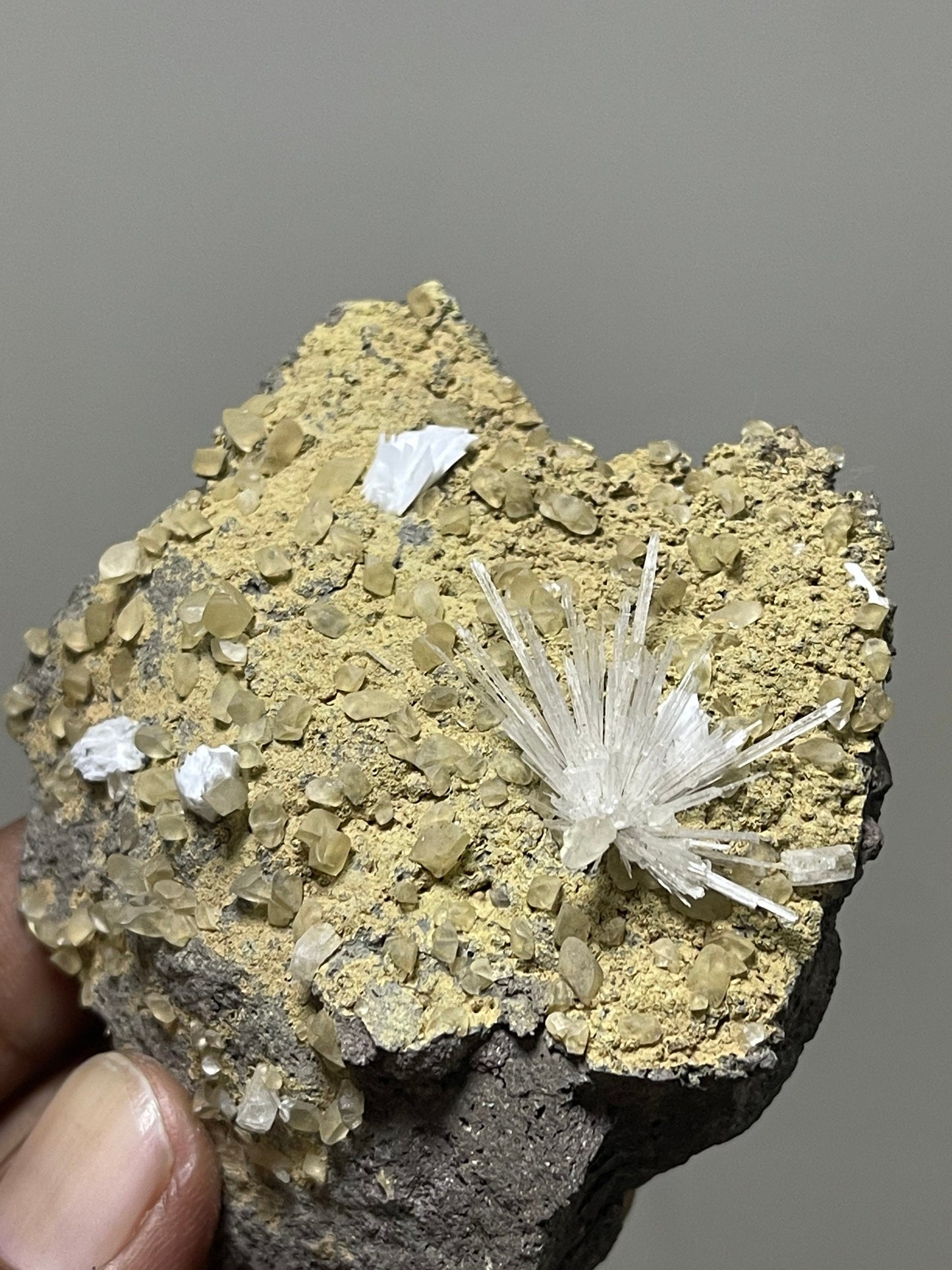 Scolecite flower with multiple golden calcite crystal