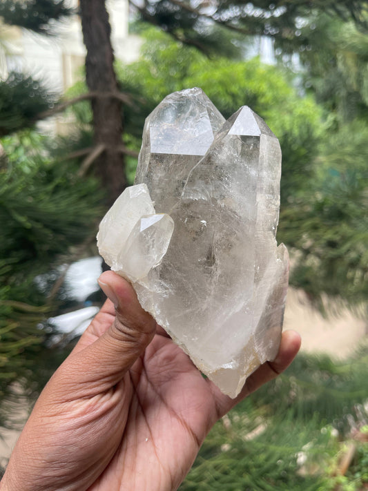 Twin clear cathedral Himalayan quartz with golden rutile