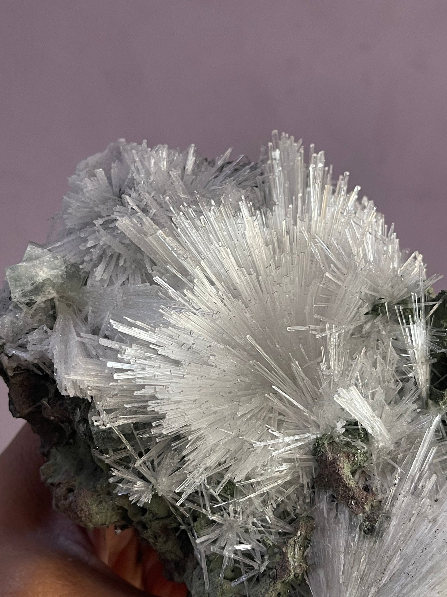 Scolecite flower with green apophyllite crystal on matrix