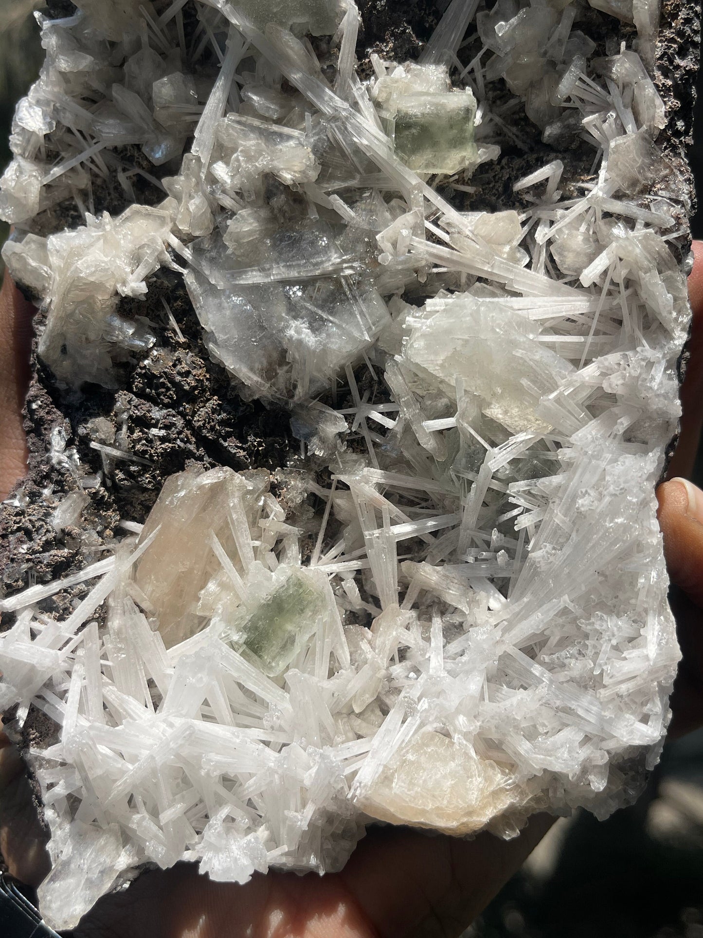 Scolecite spray with green apophyllite/stilbite natural specimen