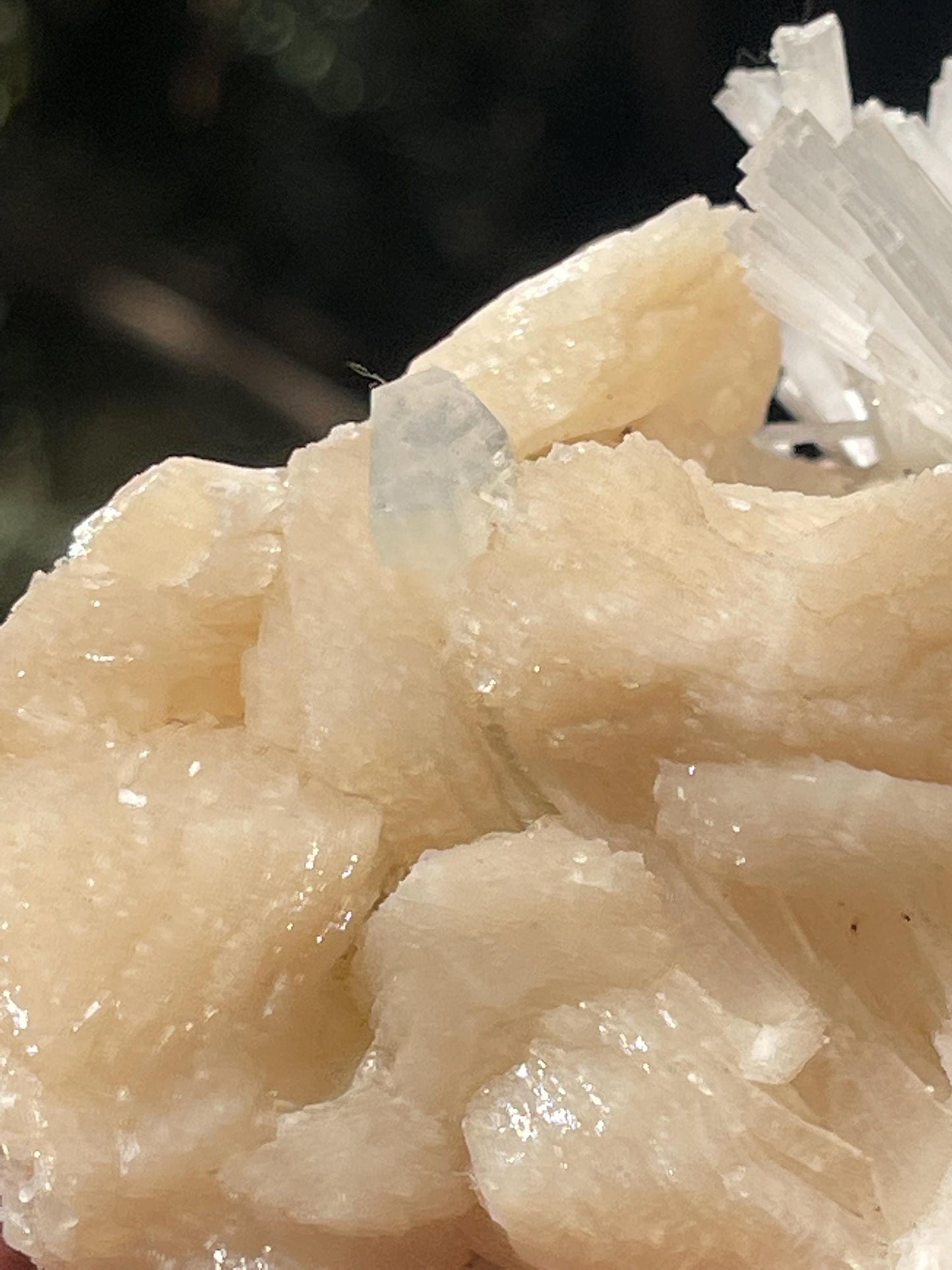 Green Apophyllite crystal  on Scolecite Flower with Peach Stilbite