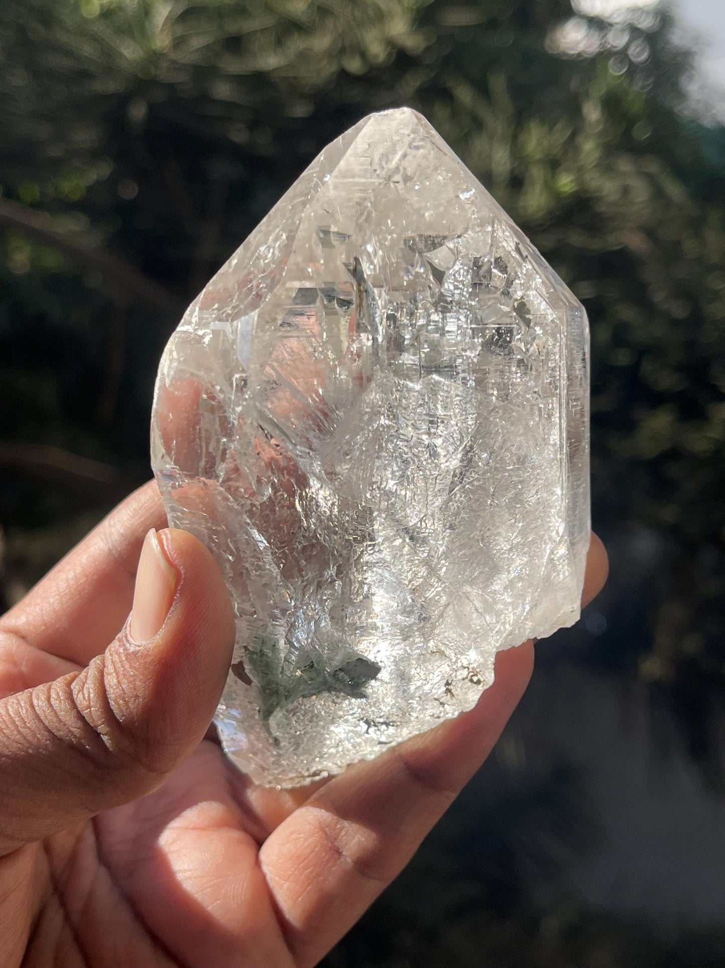 Himalayan clear cathedral quartz crystal with green chloride