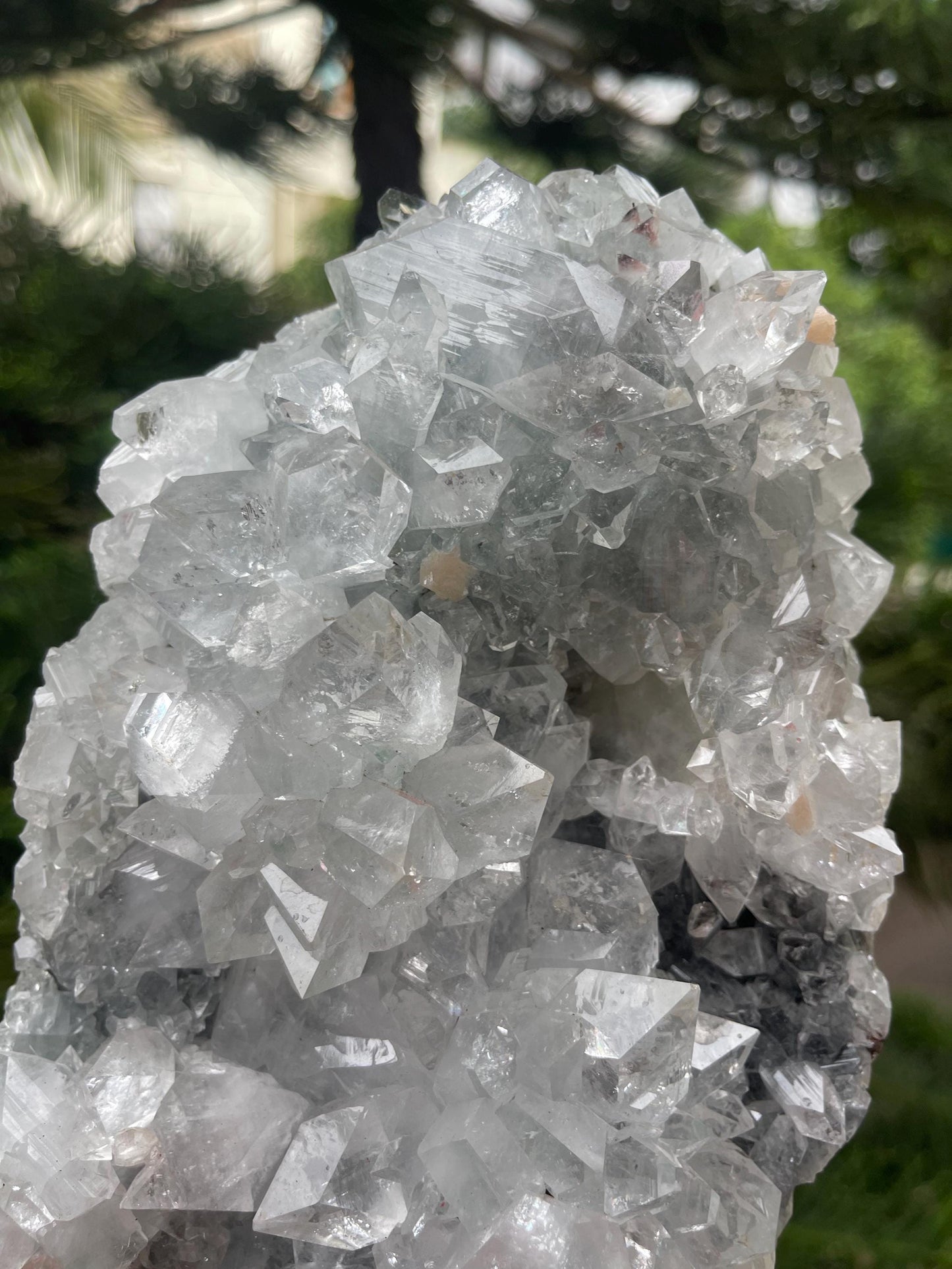 Glossy apophyllite crystal with stilbite on blue chalcedony matrix standing piece