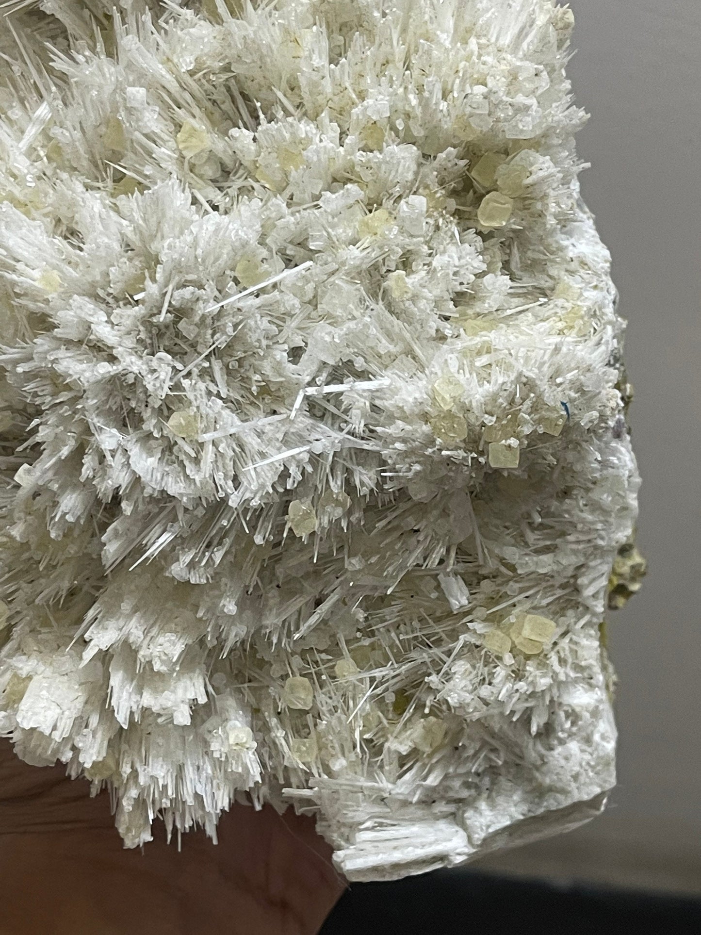 Rare formation of yellow calcite on scolecite