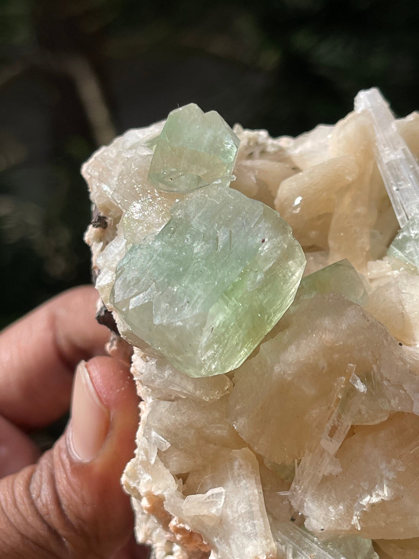 Natural green app with scolecite and stilbite