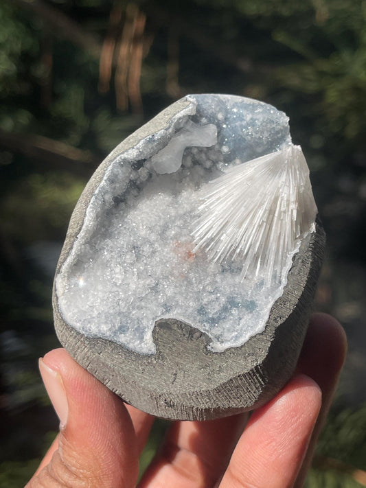 Scolecite flower on blue quartz