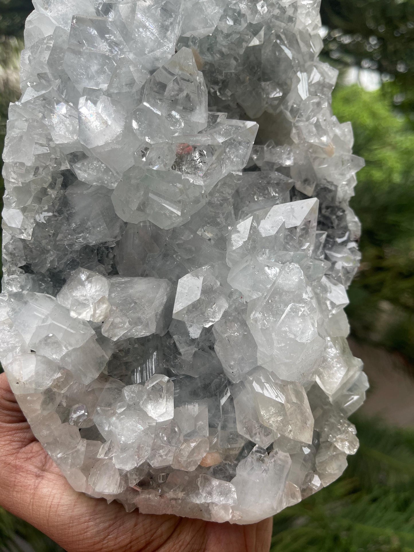Glossy apophyllite crystal with stilbite on blue chalcedony matrix standing piece