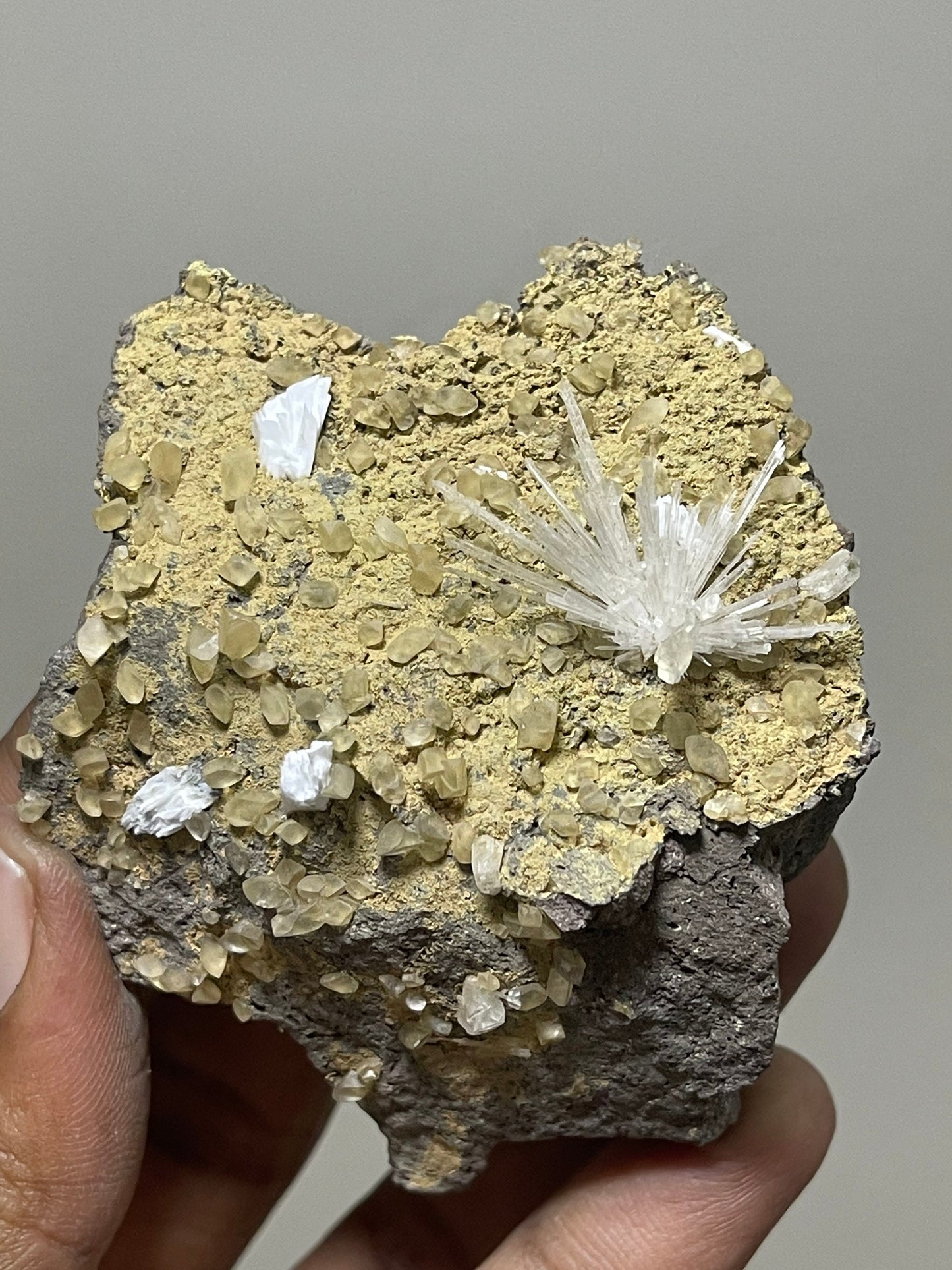 Scolecite flower with multiple golden calcite crystal