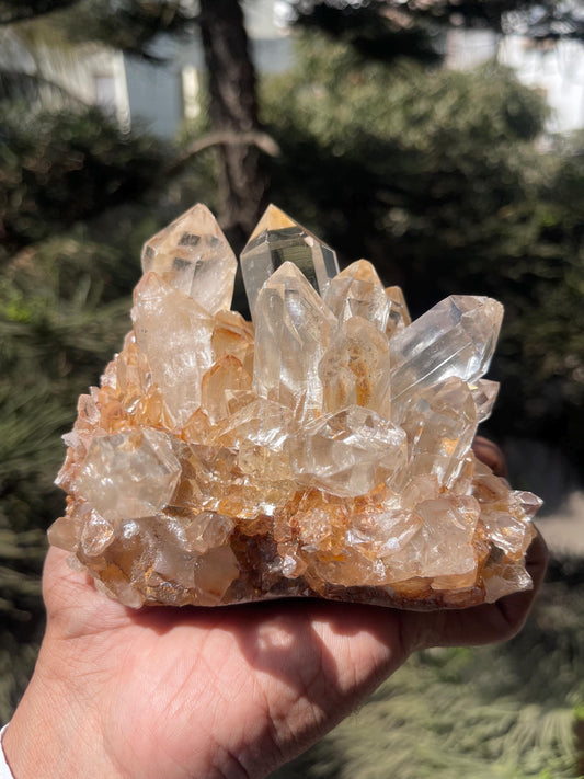 clear Himalayan cathedral crystal on matrix