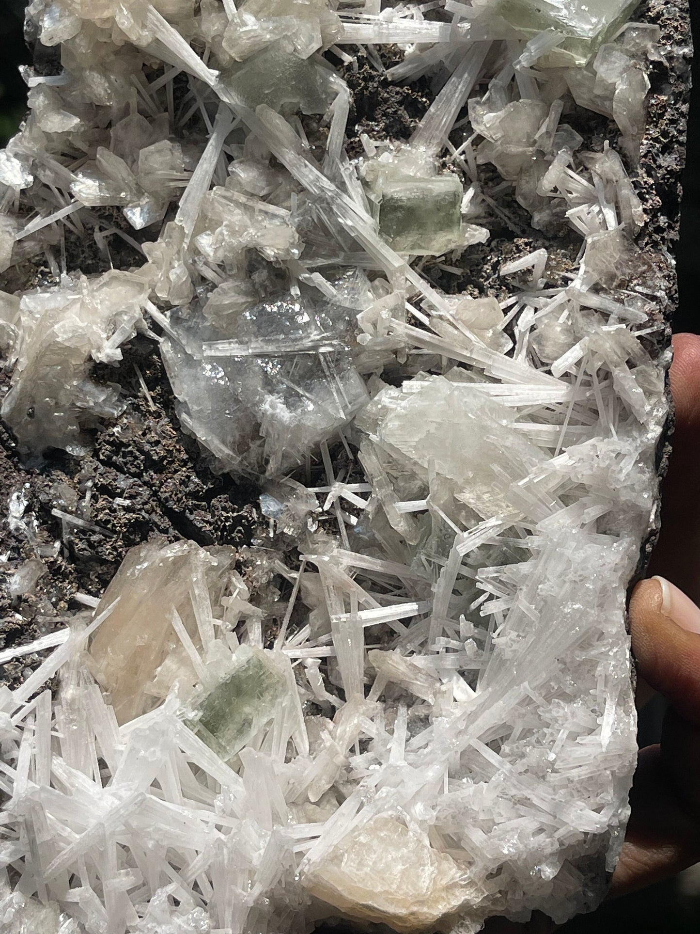 Scolecite spray with green apophyllite/stilbite natural specimen