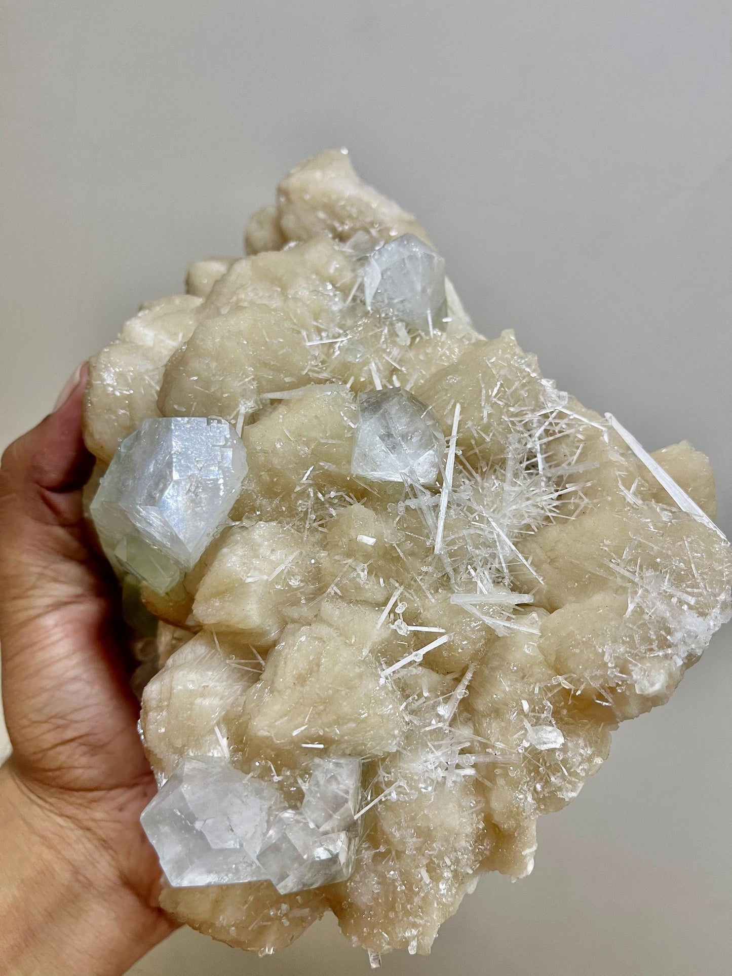 Large Green Apophyllite crystal Perfectly Paired with Peach Stilbite