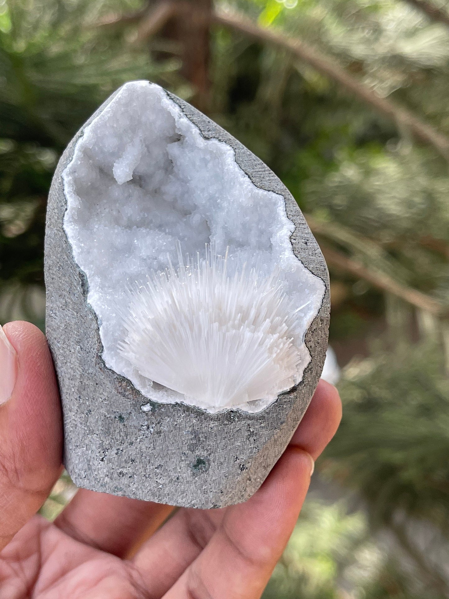 Scolecite flower inside quartz geode