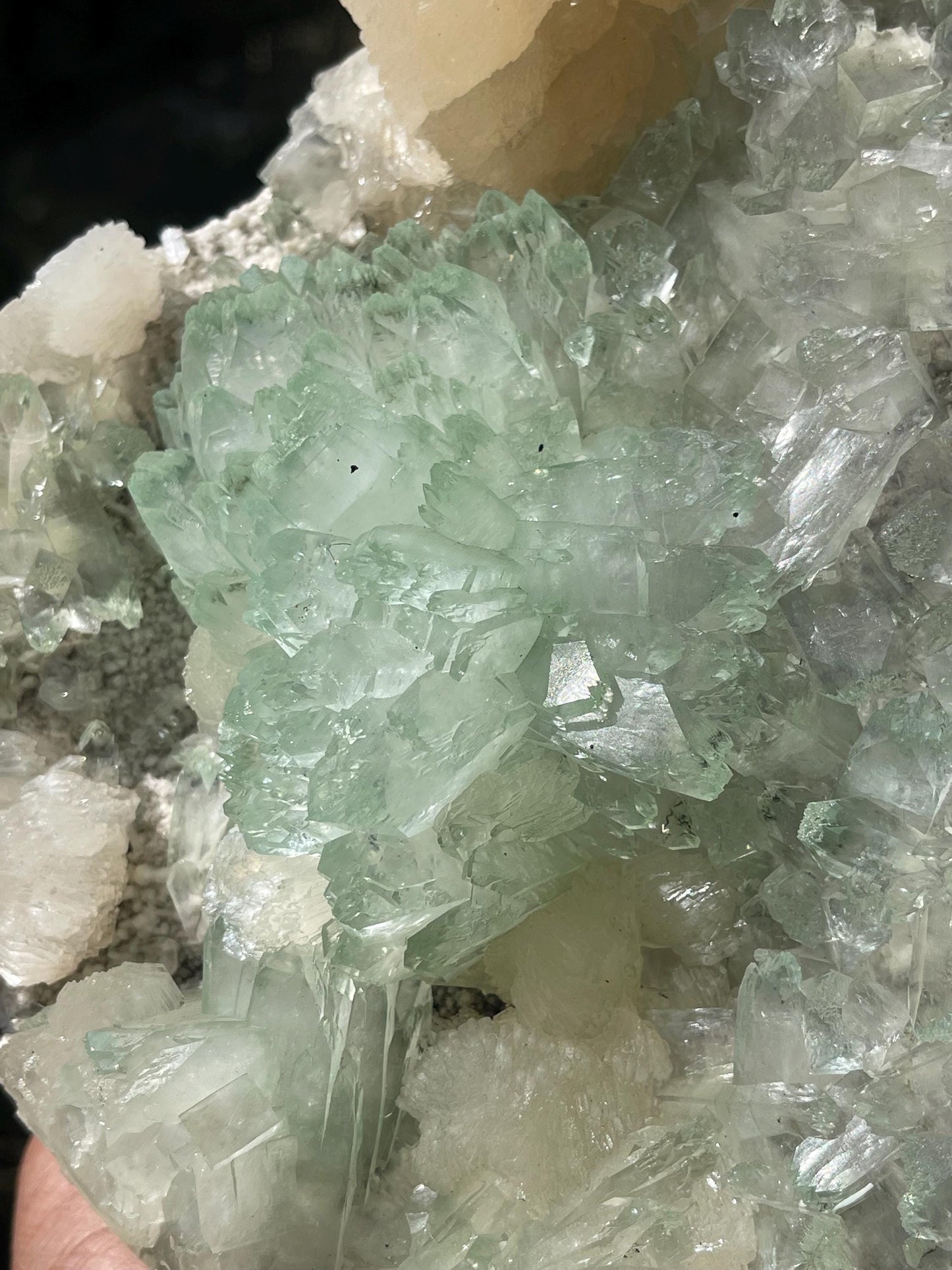 light green apophyllite flower with stilbite