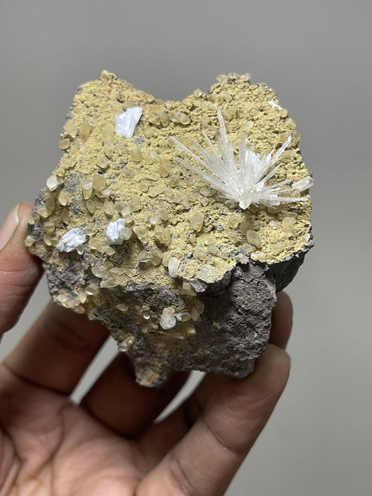 Scolecite flower with multiple golden calcite crystal