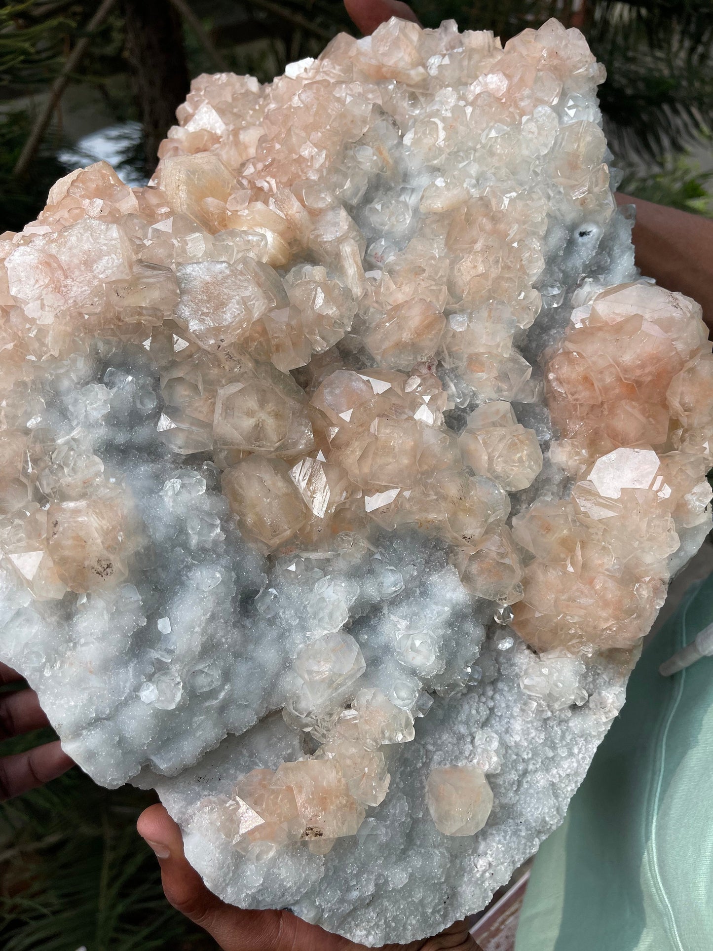 14kg Pink apophyllite crystal on white chalcedony base