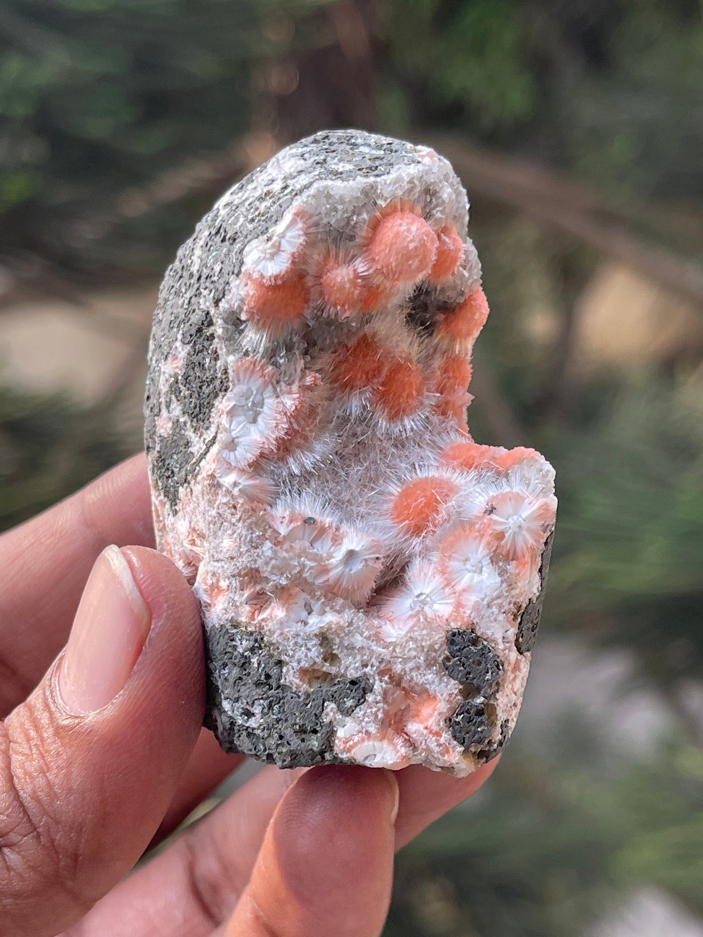 Orange mesolite balls on heulandite matrix