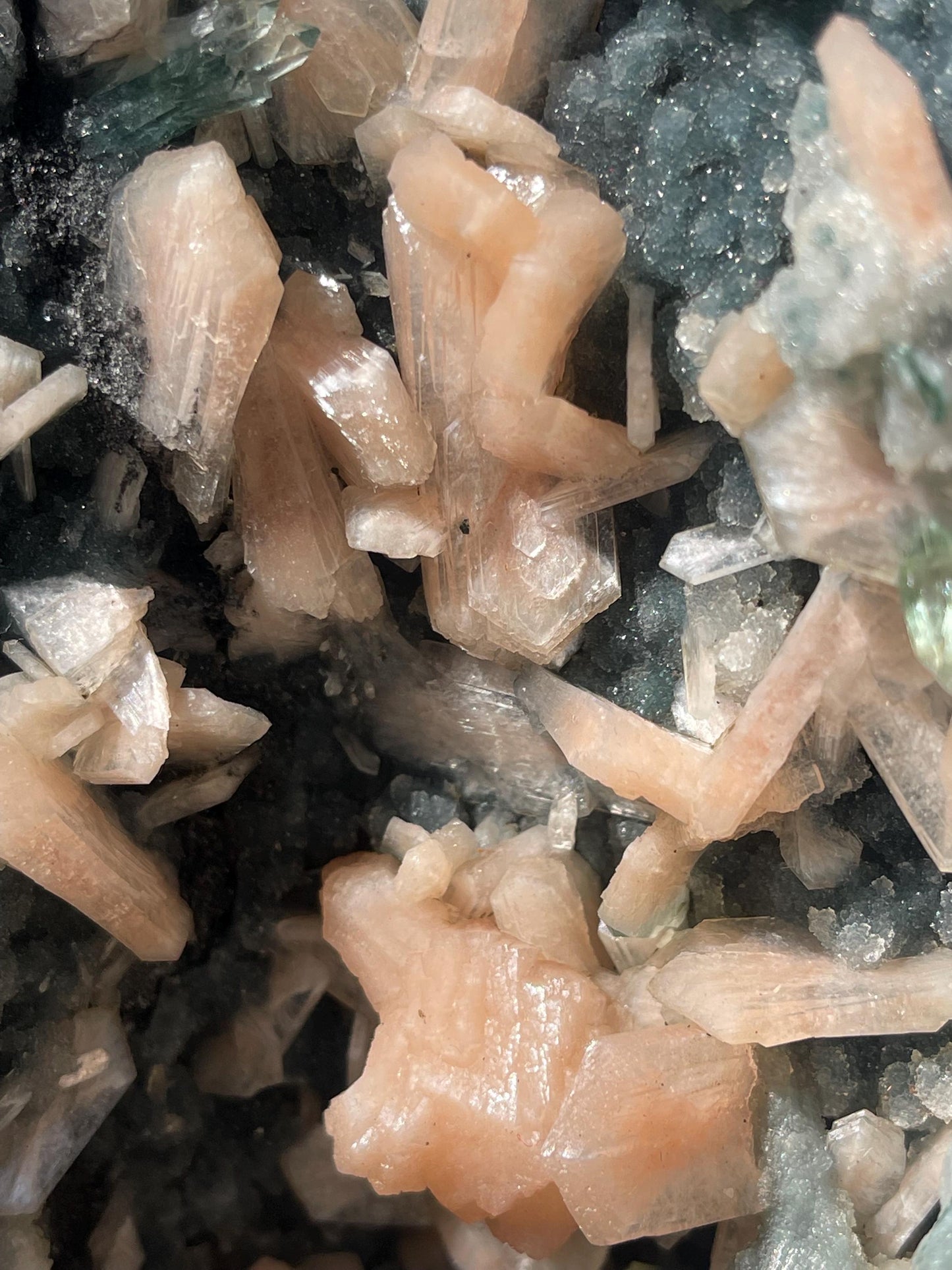 Heulandite, Stilbite & Green Apophyllite on Black Coral Geode