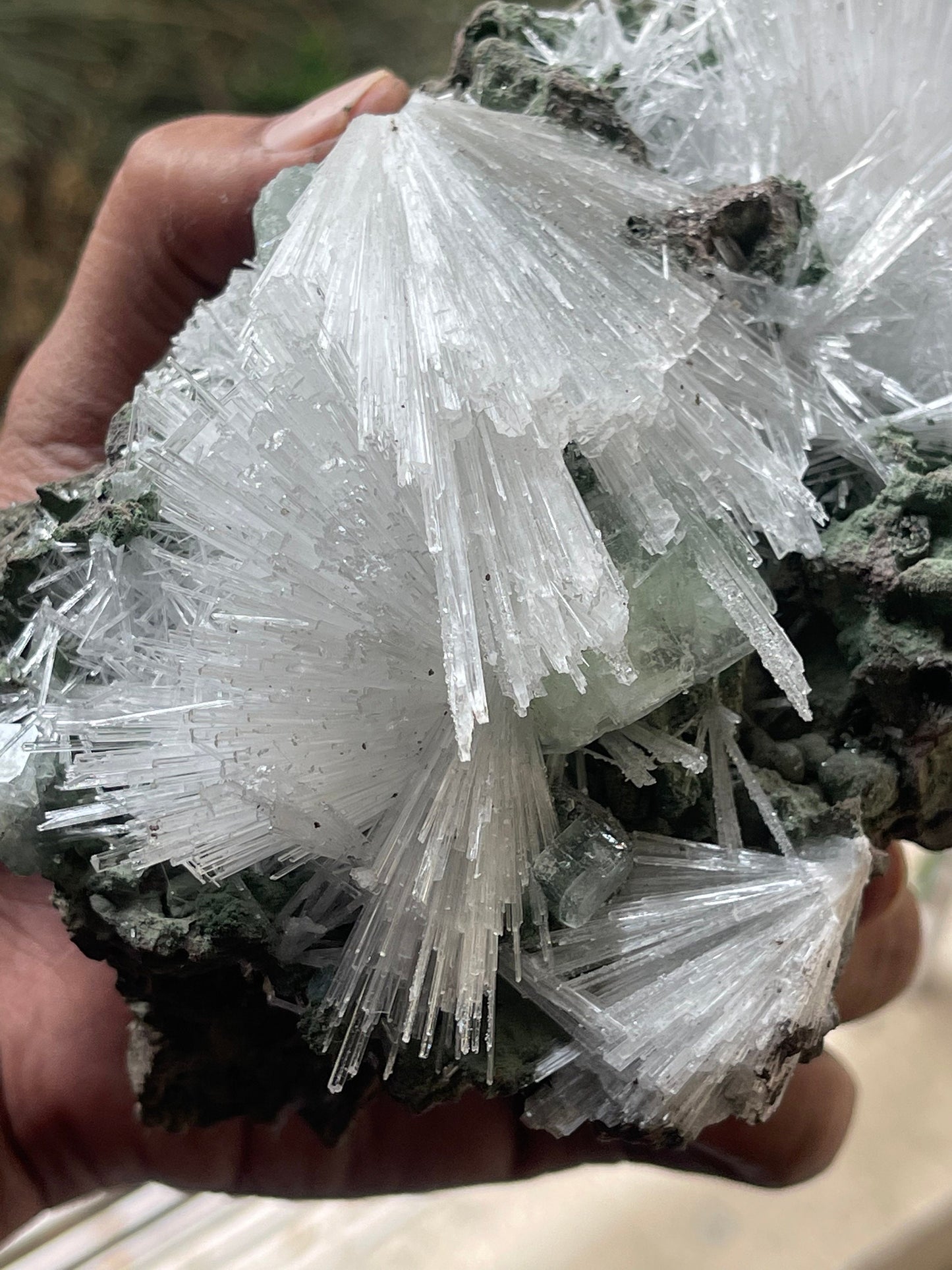 Scolecite flower with green apophyllite crystal on matrix