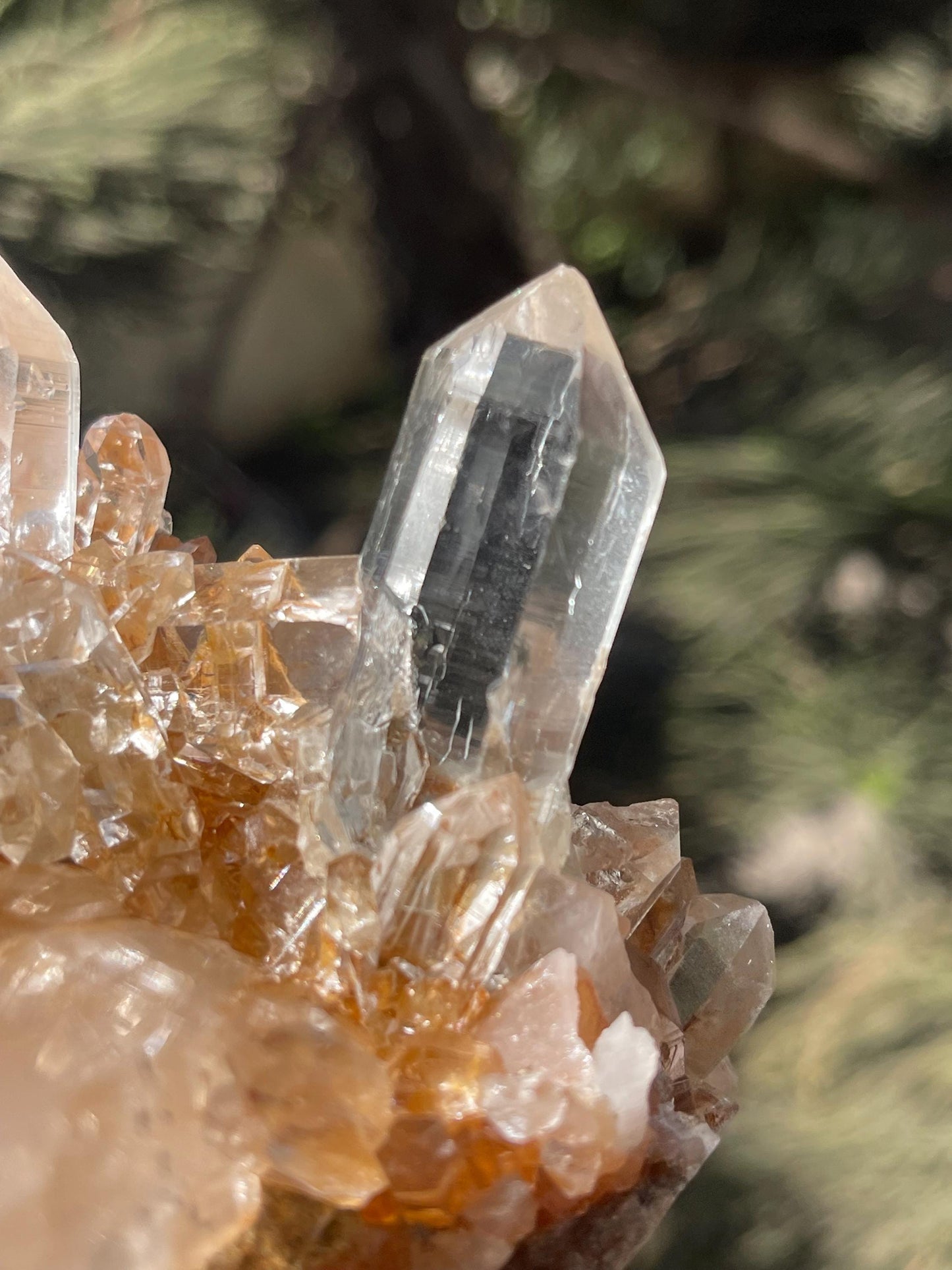 clear Himalayan cathedral crystal on matrix