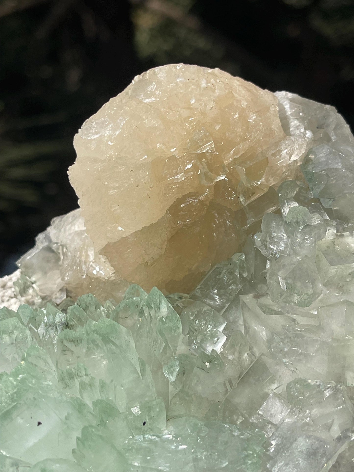 light green apophyllite flower with stilbite