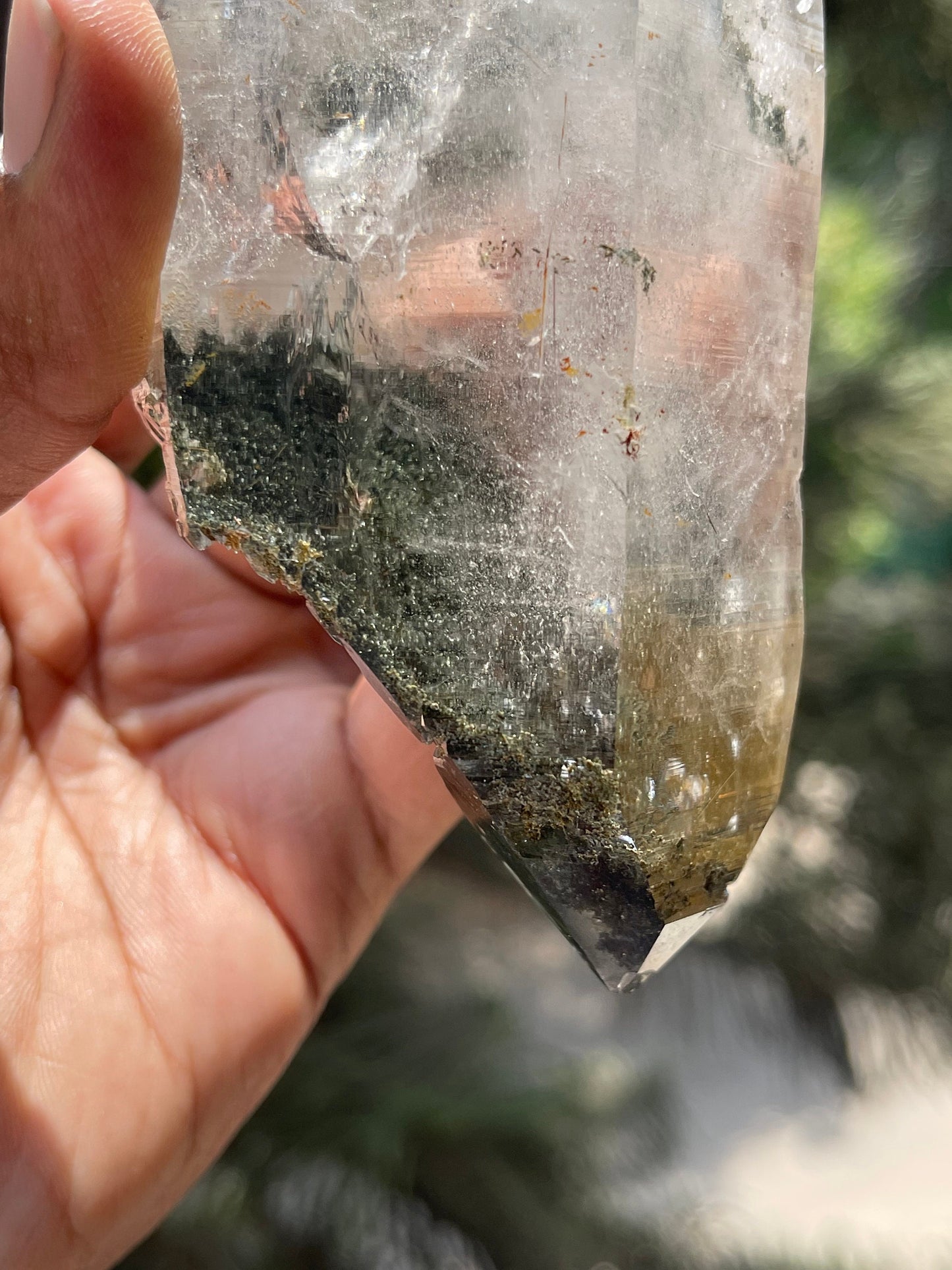 Rare formation.. double terminated of Himalayan quartz crystals with green Chlorite/golden rutile