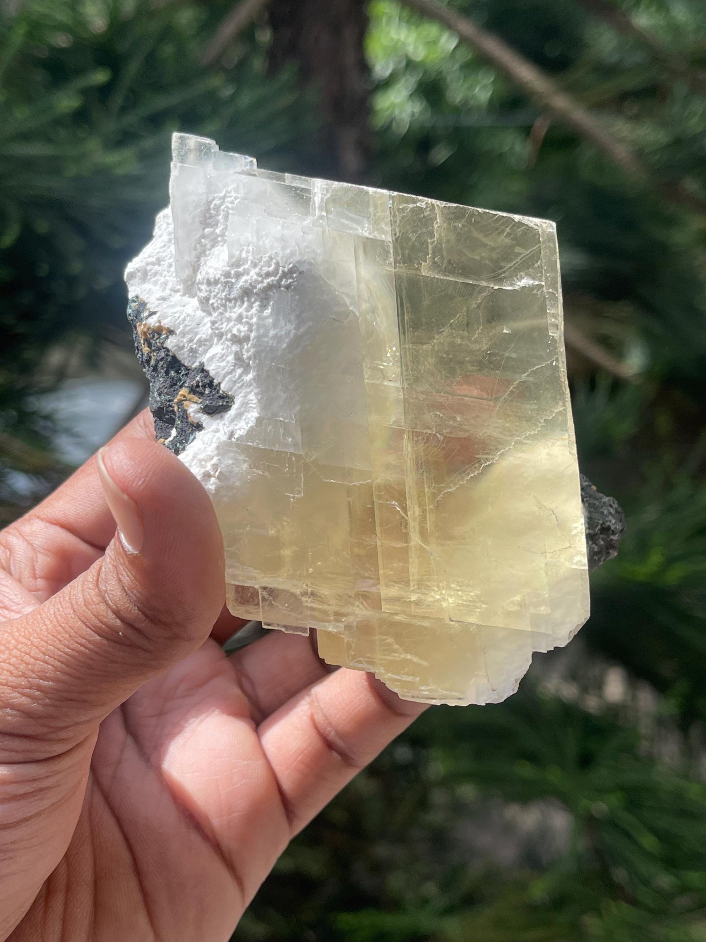 Golden calcite crystal inside mordenite with rainbow
