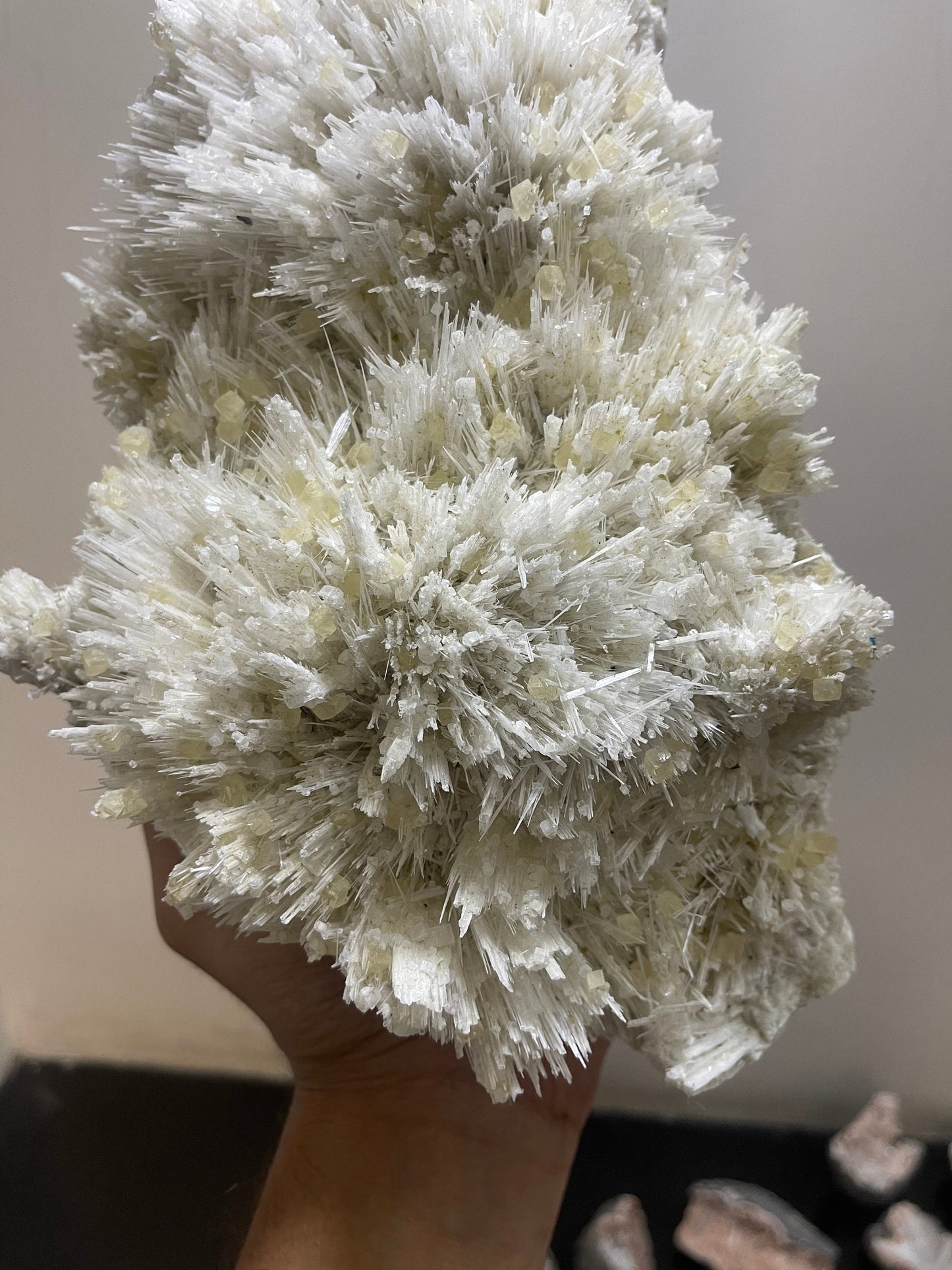 Rare formation of yellow calcite on scolecite