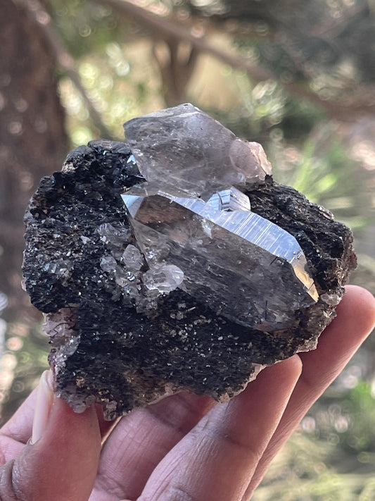 twice Himalayan quartz crystal on black rutile matrix rare find