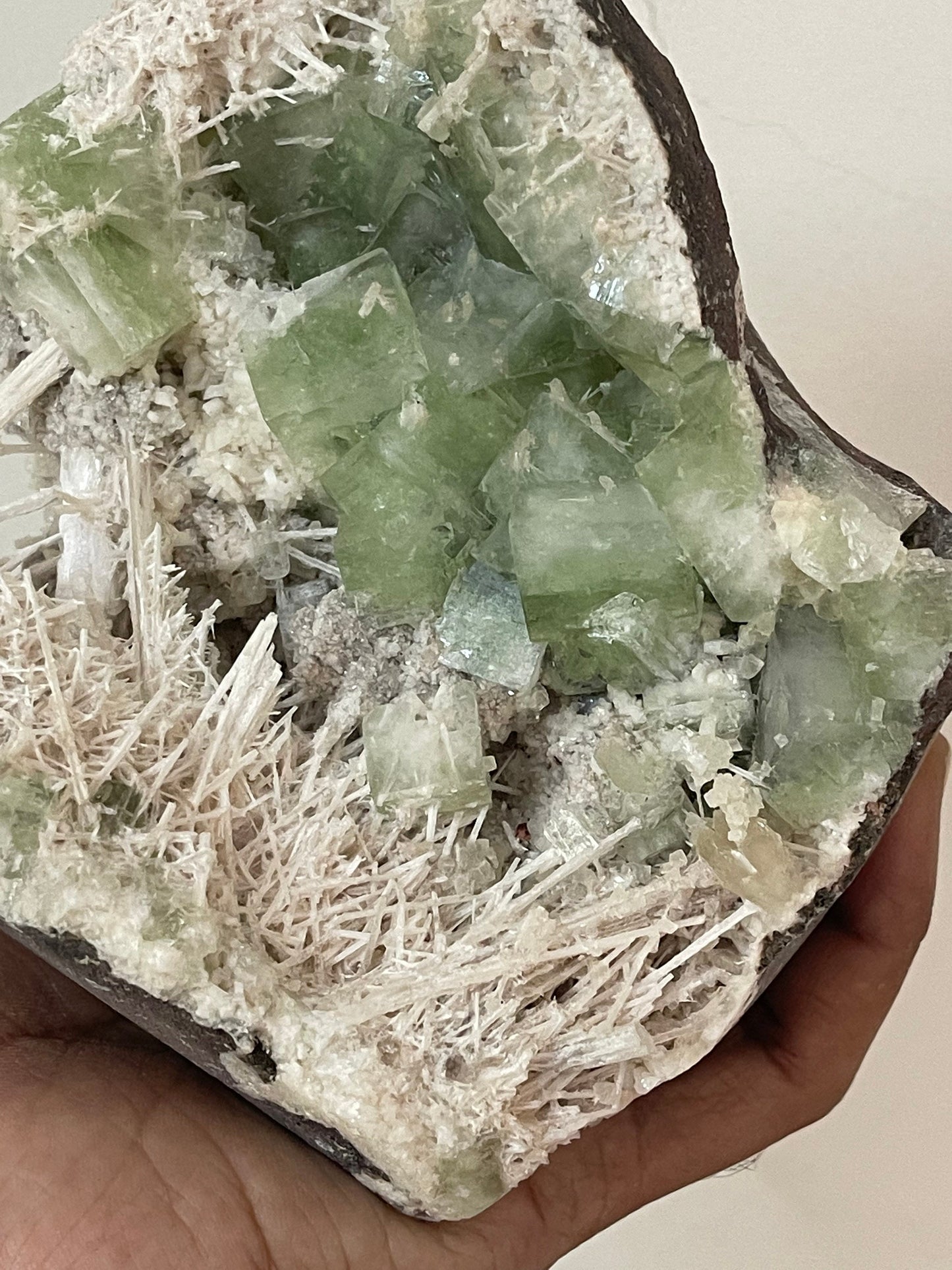 Green apophyllite crystal with scolecite sprays base geode