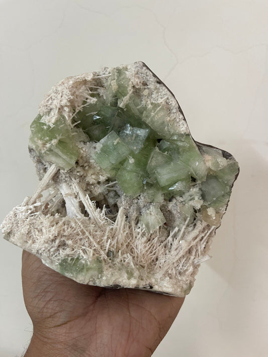 Green apophyllite crystal with scolecite sprays base geode