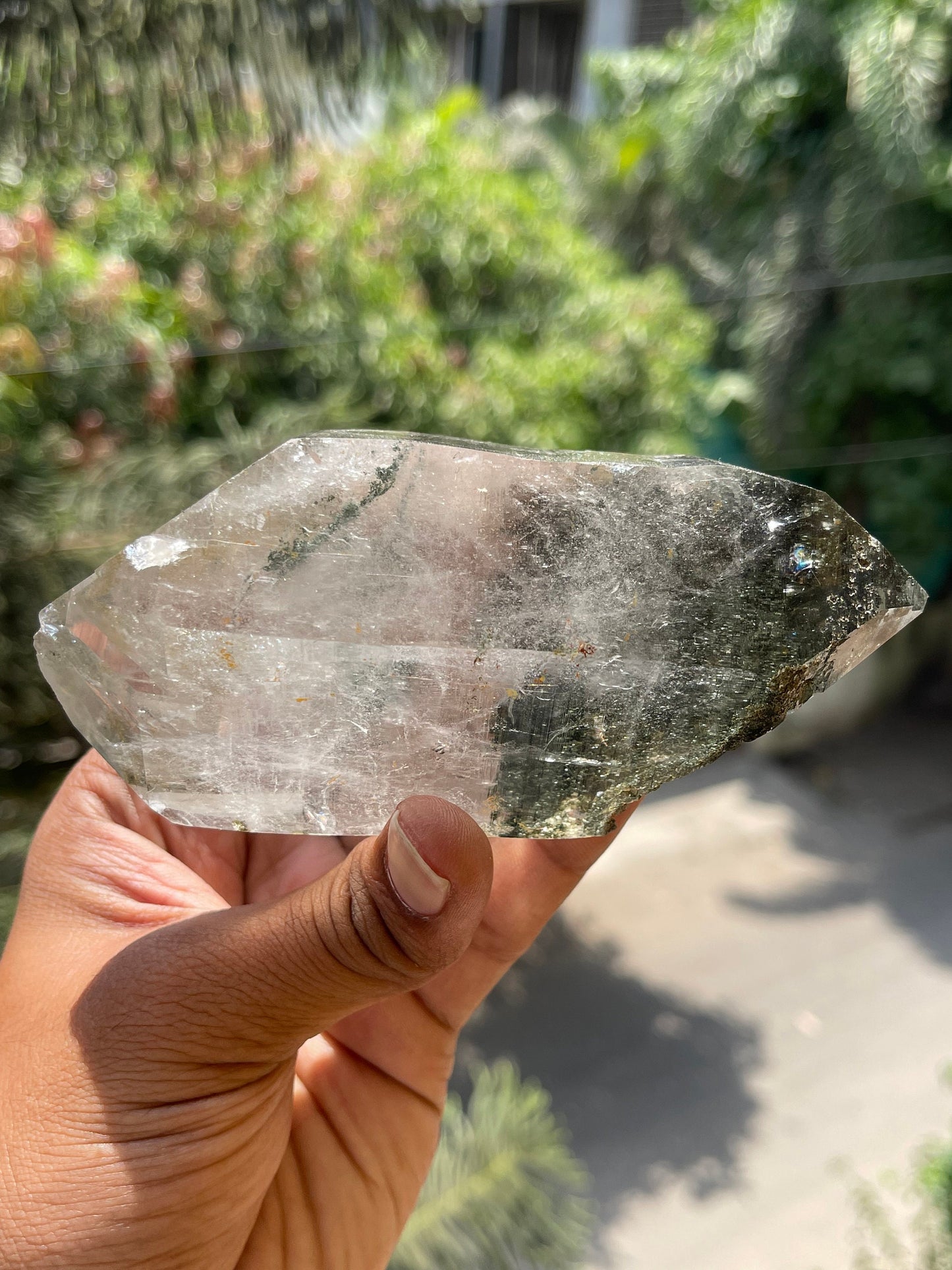 Rare formation.. double terminated of Himalayan quartz crystals with green Chlorite/golden rutile