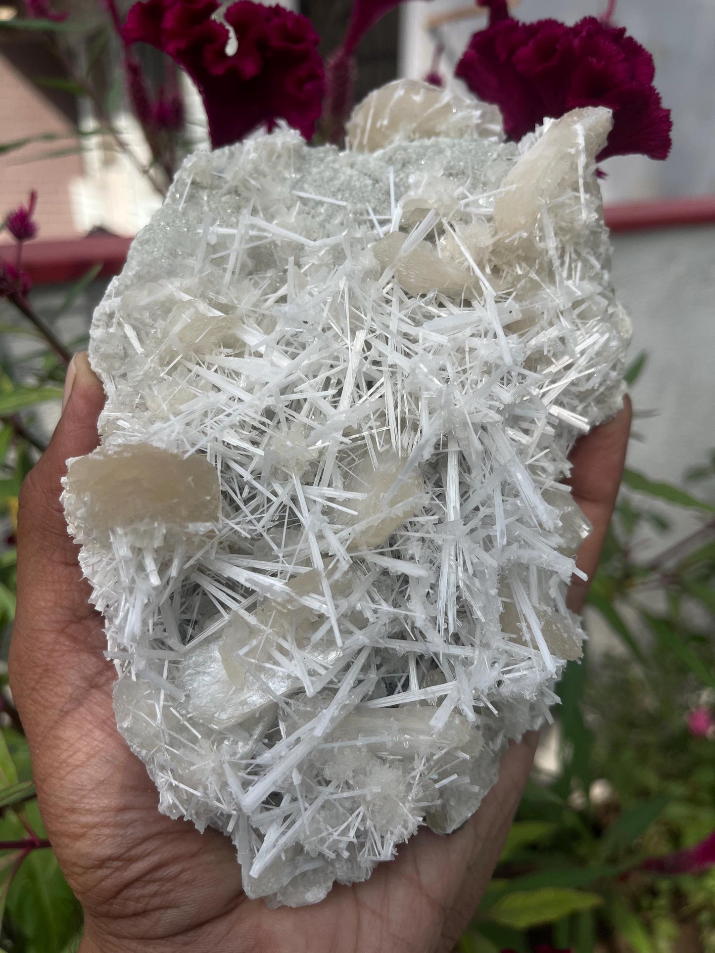 Glossy scolecite spray with stilbite on chalcedony matrix