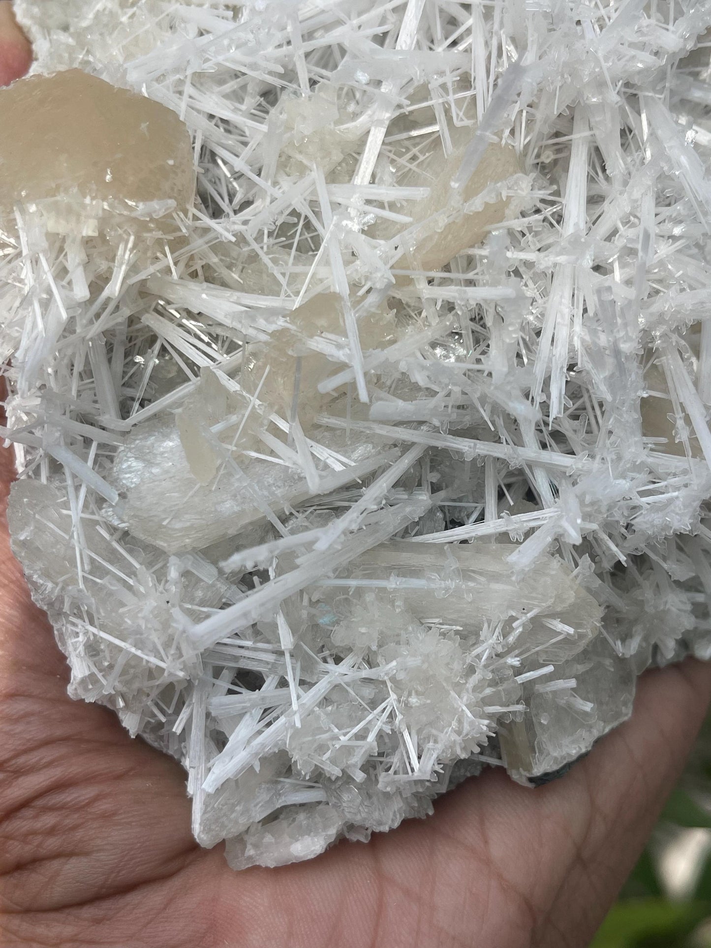 Glossy scolecite spray with stilbite on chalcedony matrix