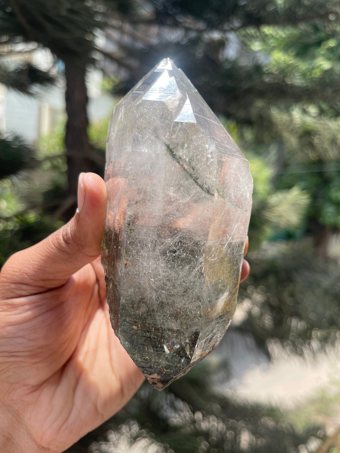 Rare formation.. double terminated of Himalayan quartz crystals with green Chlorite/golden rutile