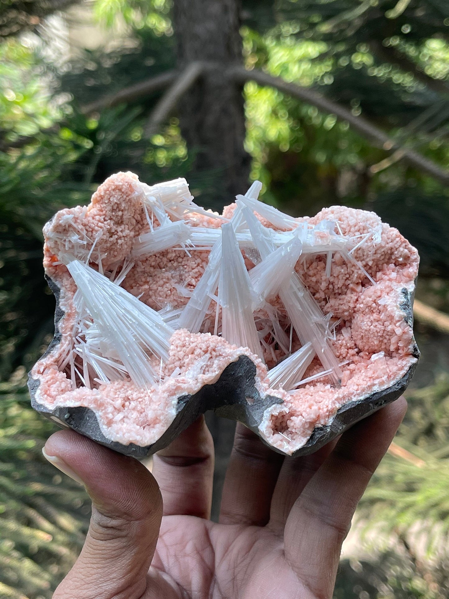 Multiple scolecite sprays on orange heulandite matrix natural specimen