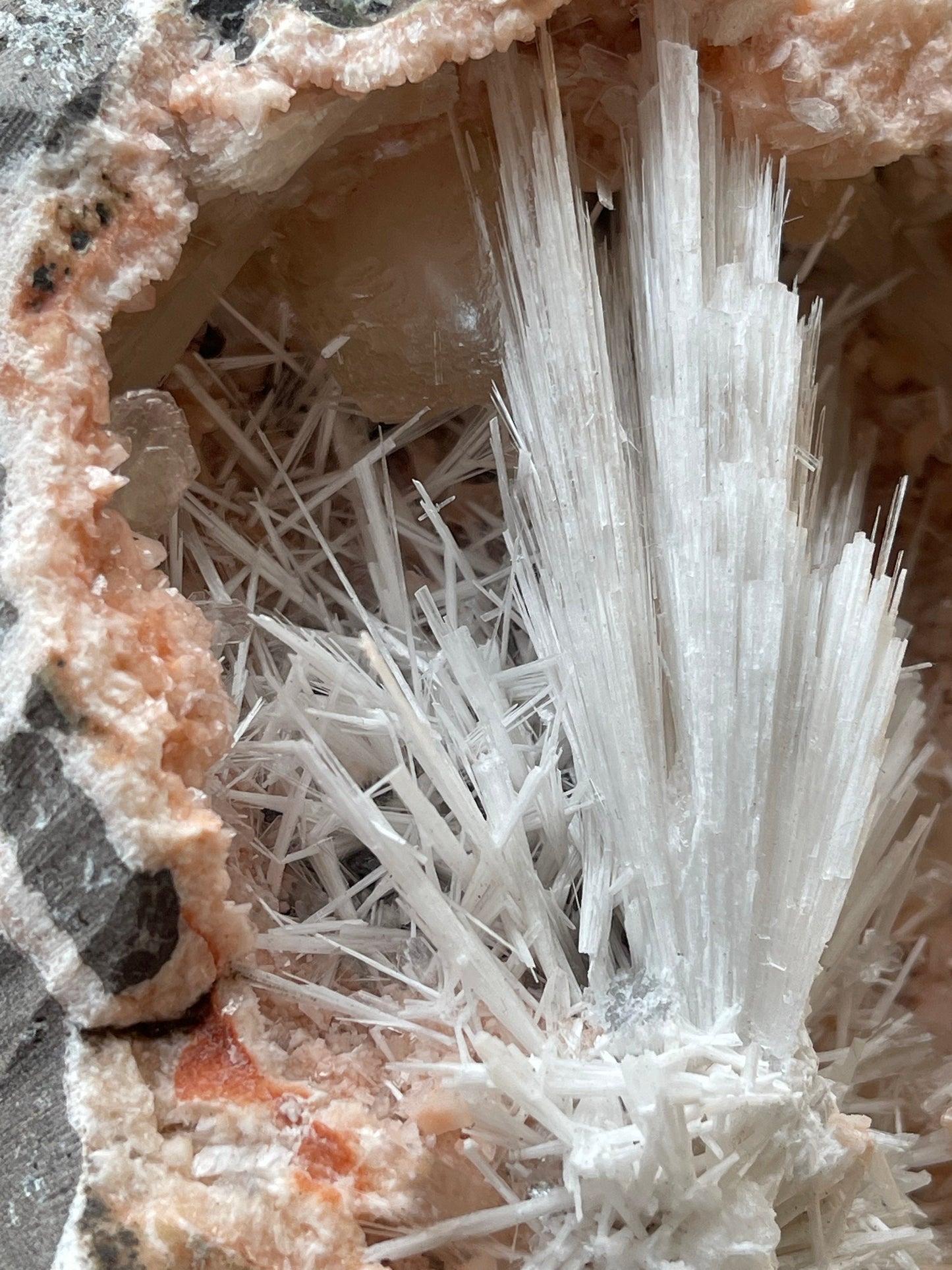 Scolecite flower inside orange haulandite geode