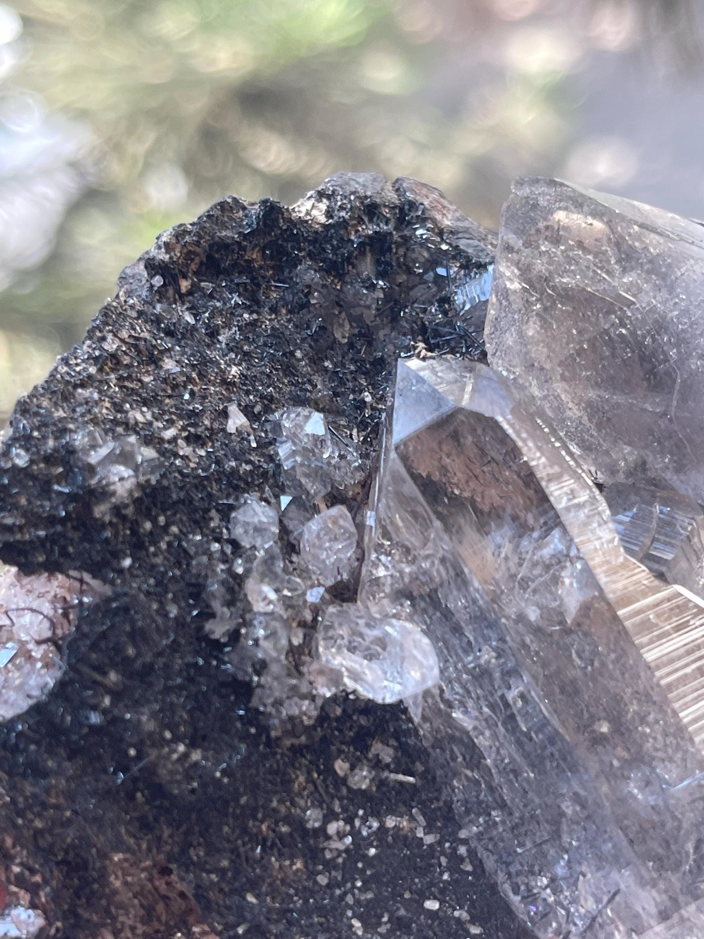 twice Himalayan quartz crystal on black rutile matrix rare find