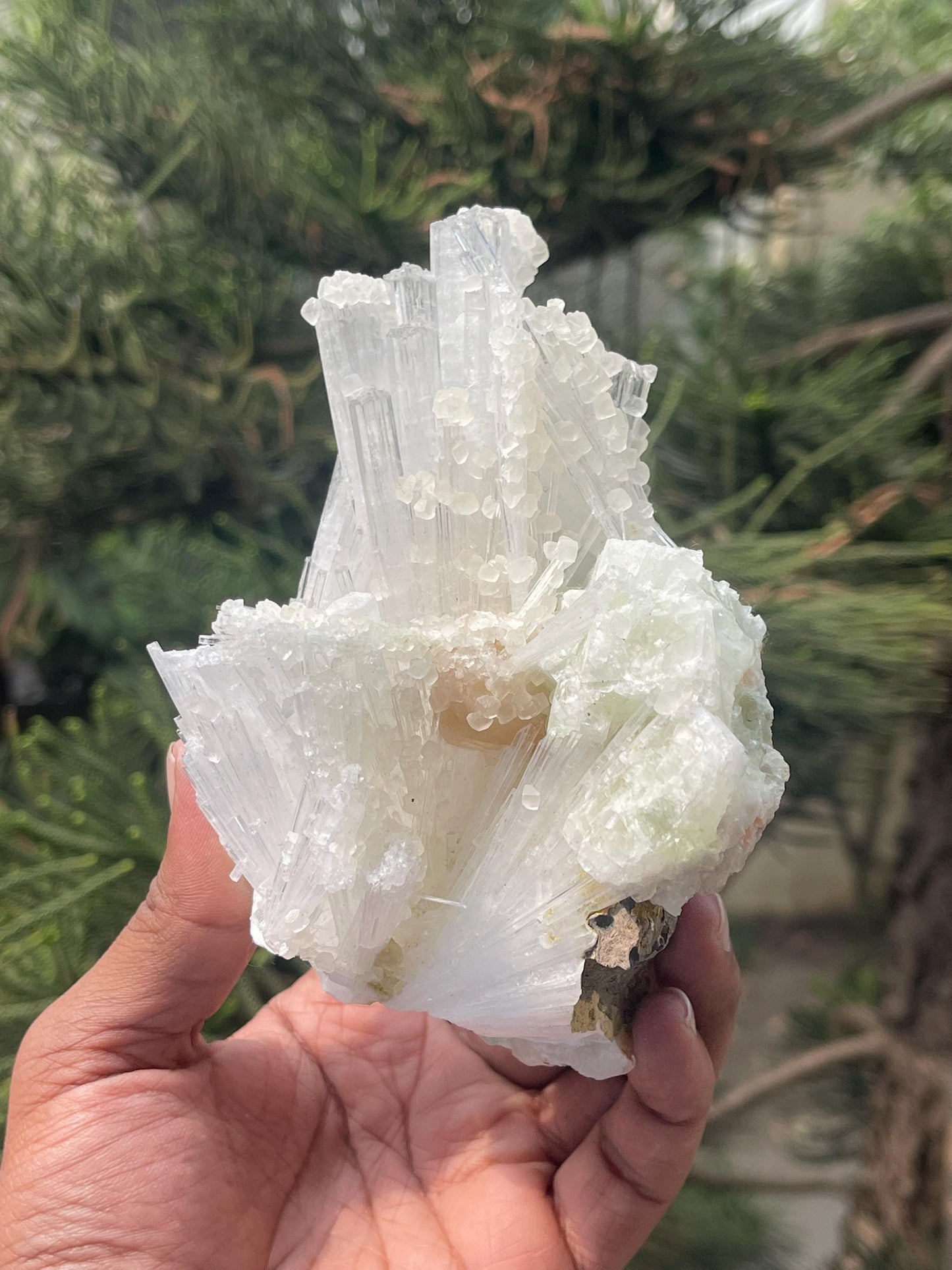 Combination of calcite/stilbite/green apophyllite on scolecite crystal