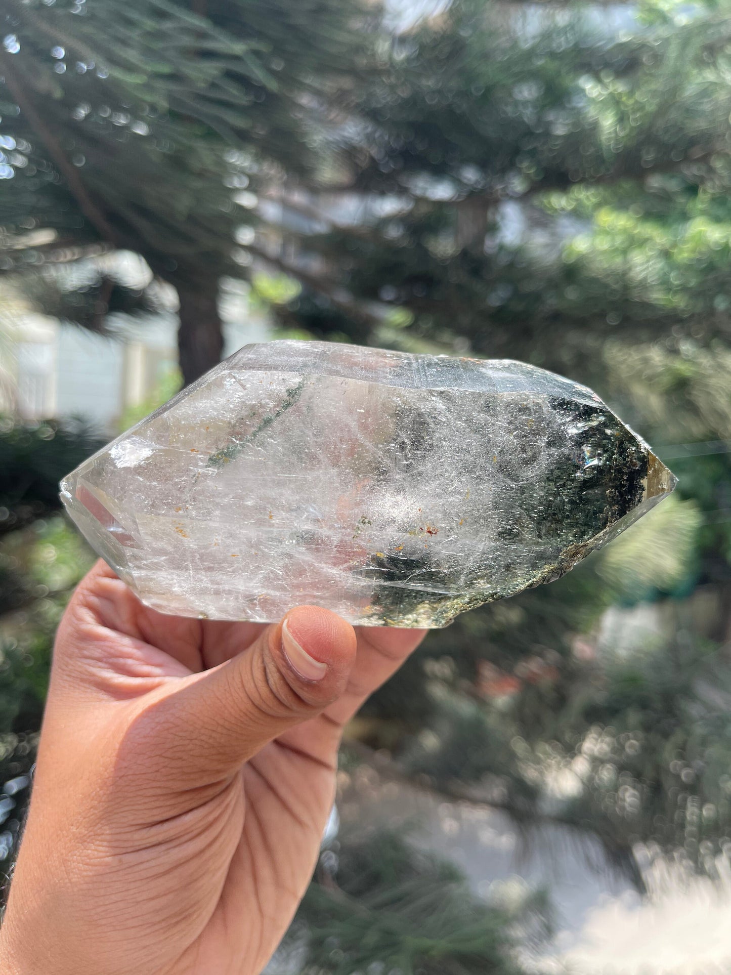 Rare formation.. double terminated of Himalayan quartz crystals with green Chlorite/golden rutile