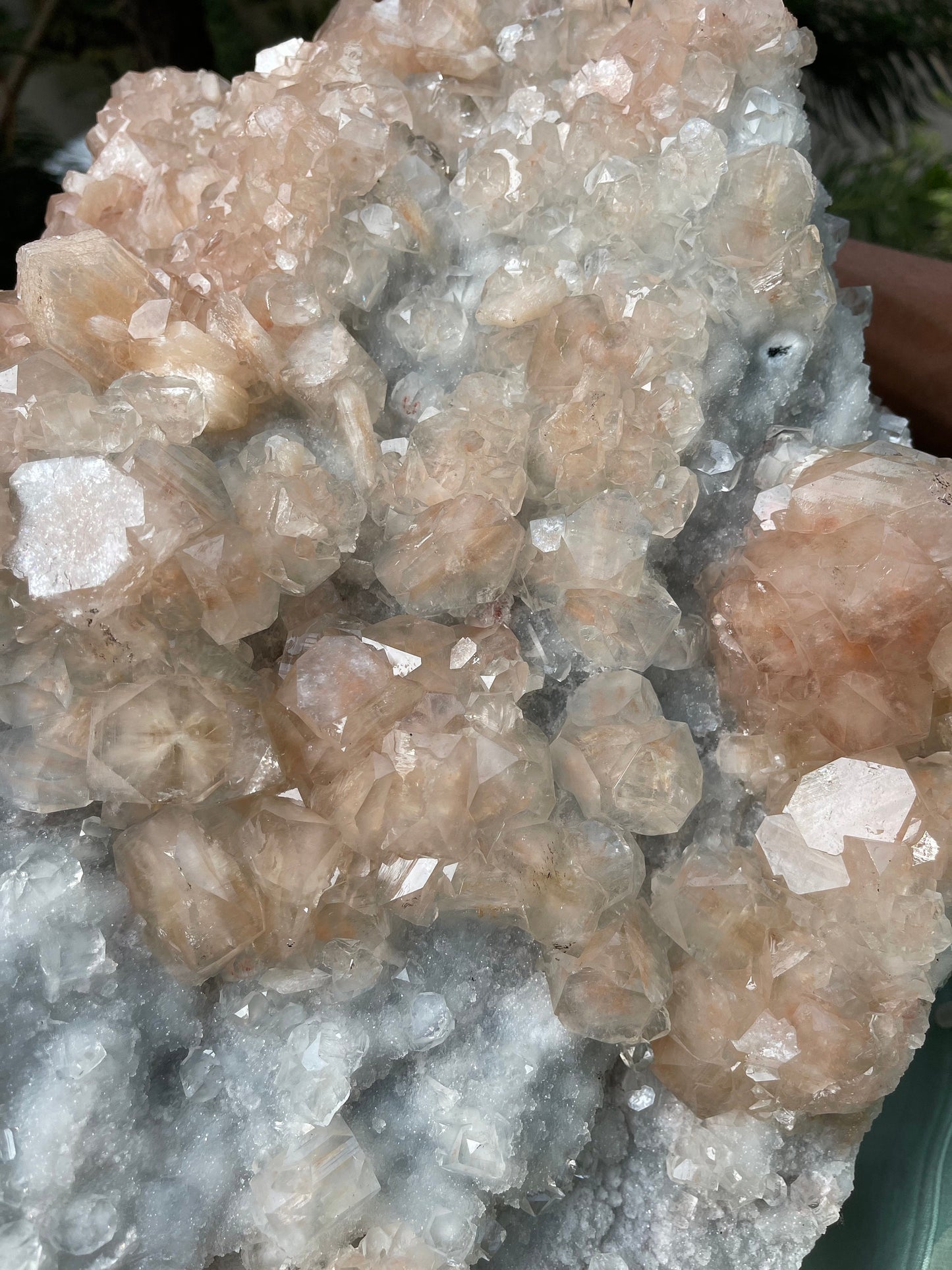 14kg Pink apophyllite crystal on white chalcedony base