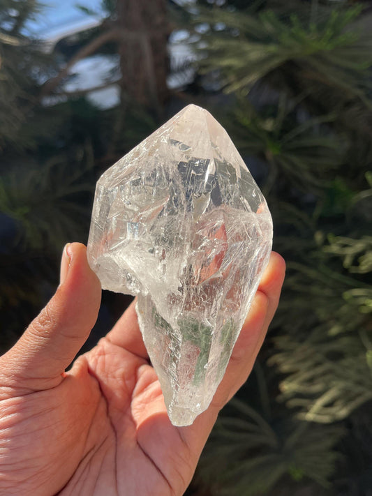 Himalayan clear cathedral quartz crystal with green chloride