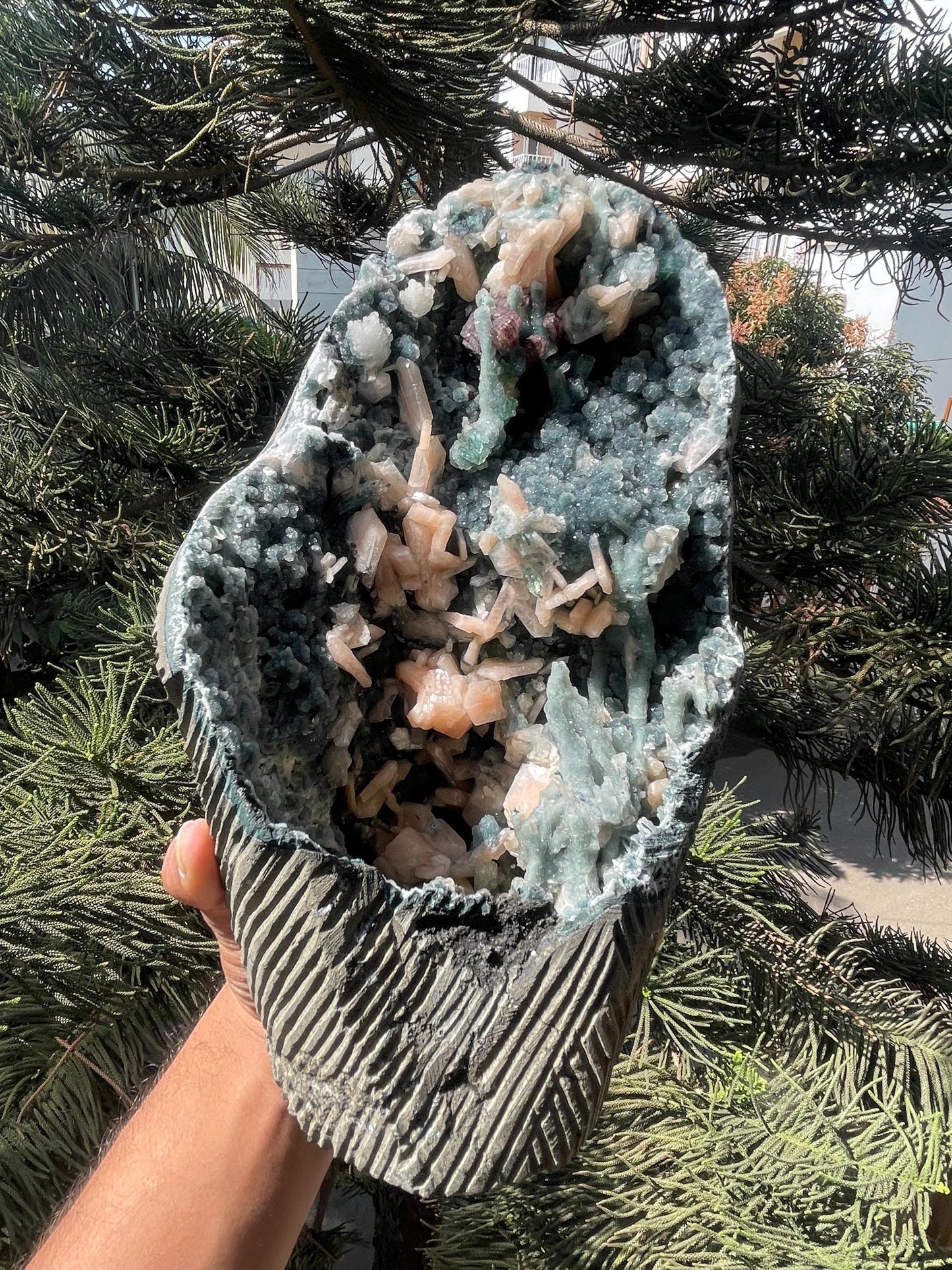Heulandite, Stilbite & Green Apophyllite on Black Coral Geode