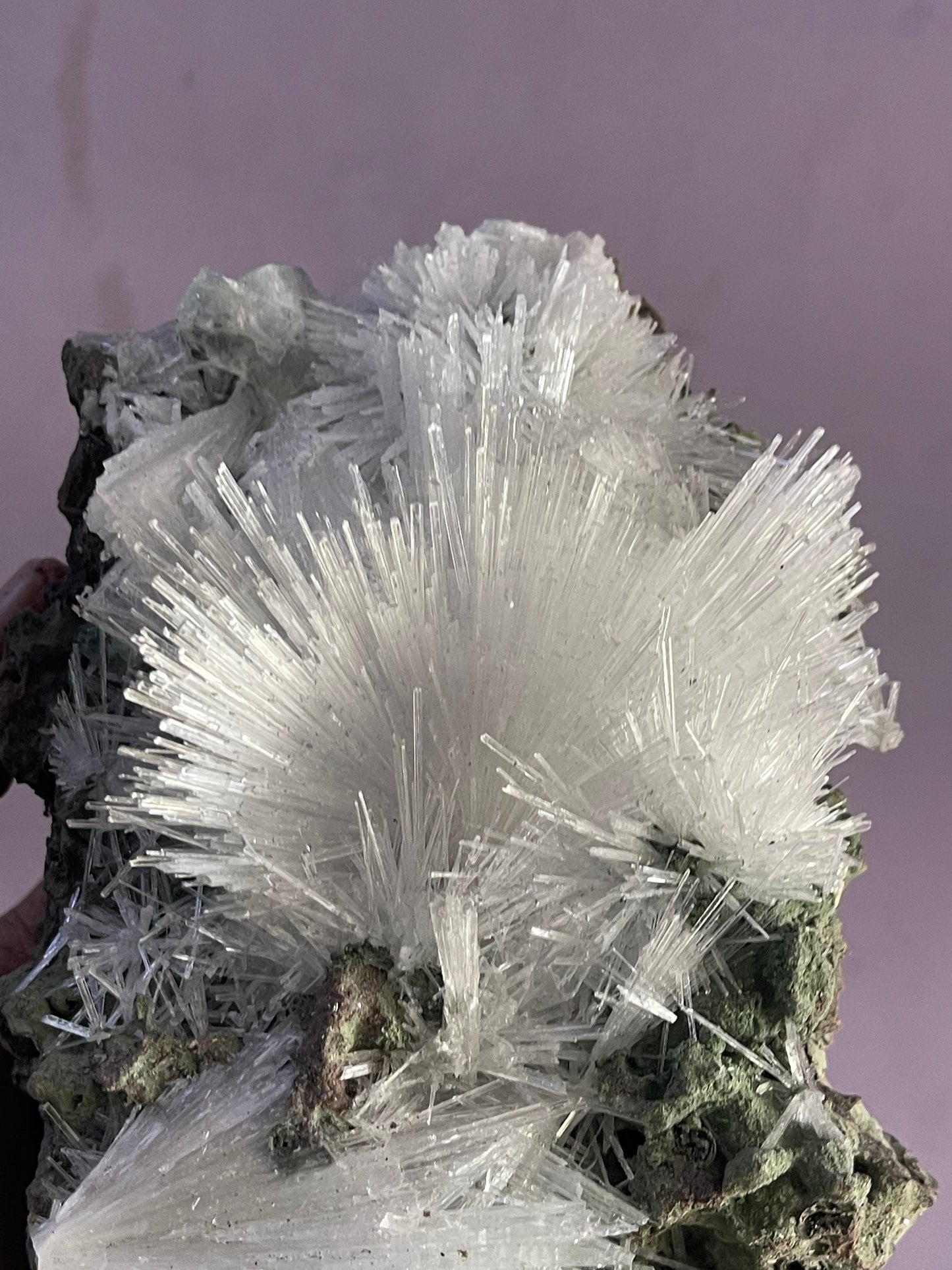 Scolecite flower with green apophyllite crystal on matrix