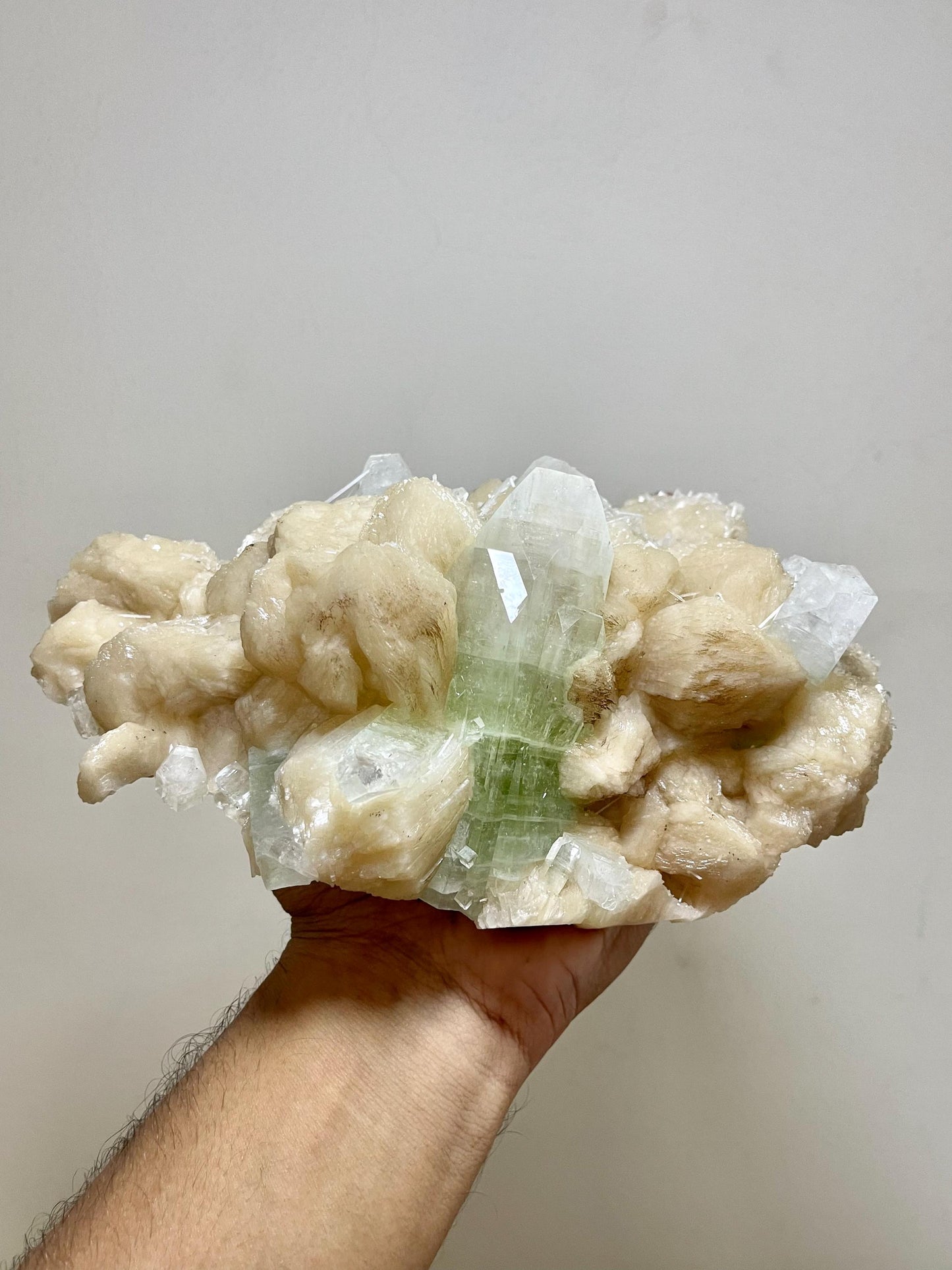 Large Green Apophyllite crystal Perfectly Paired with Peach Stilbite