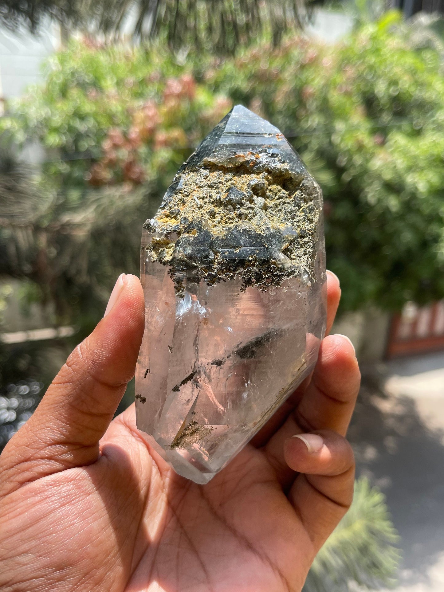 Rare formation.. double terminated of Himalayan quartz crystals with green Chlorite/golden rutile